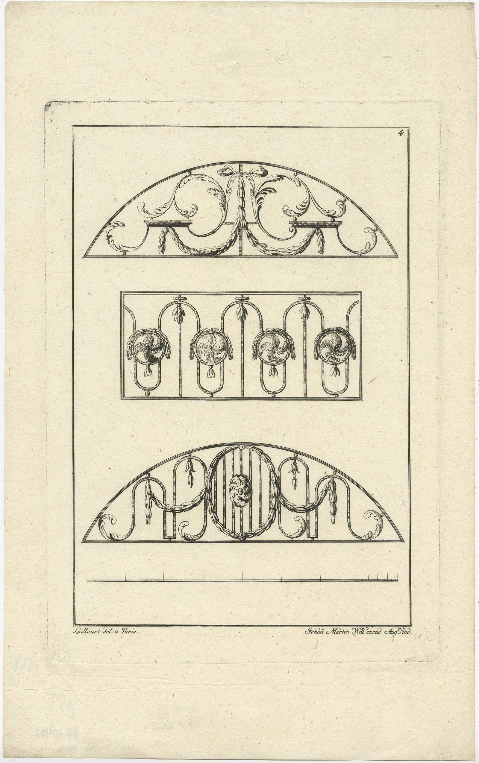 Set of four untitled prints depicting various building ornaments. Signed by Johann Martin Will. Source unknown, to be determined.