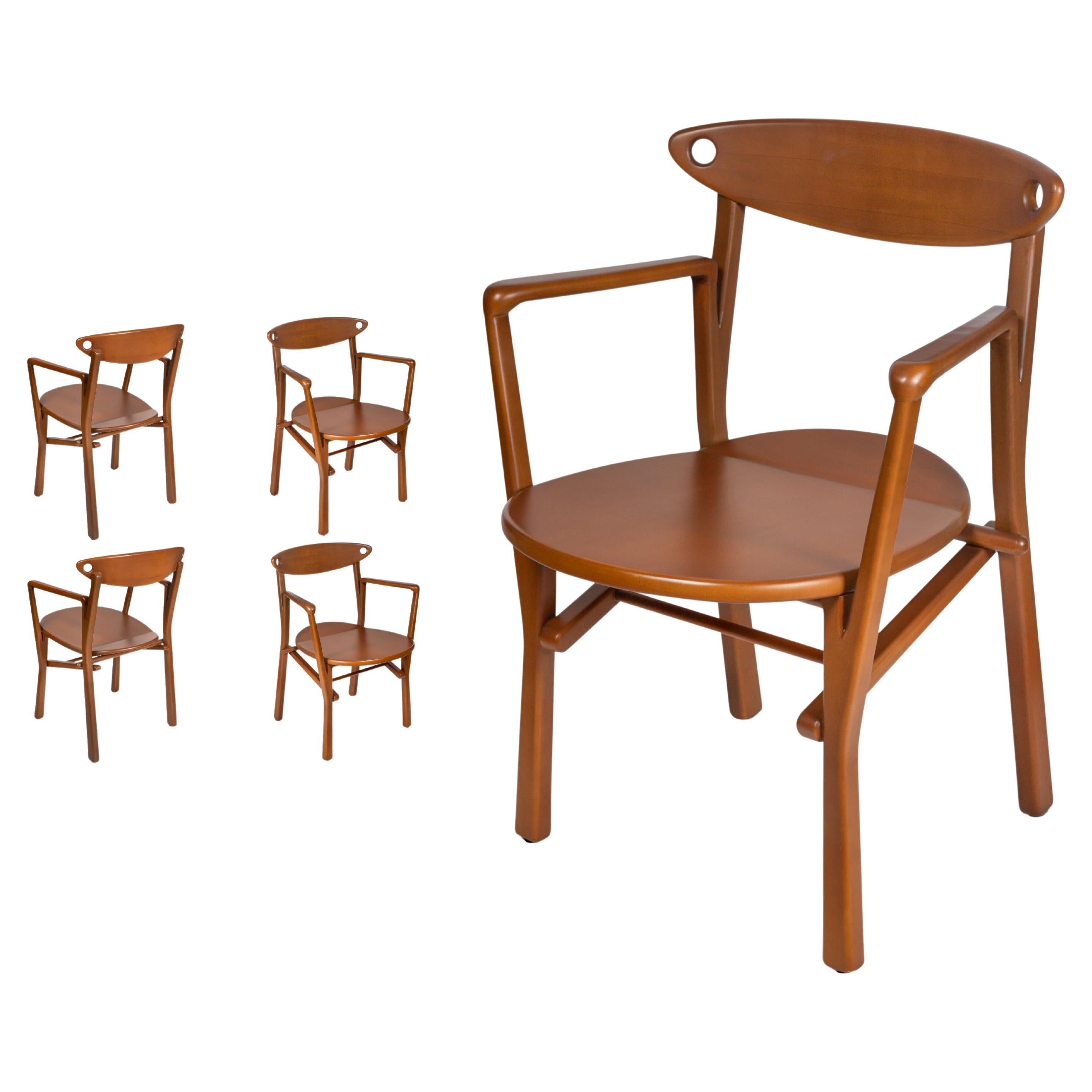 Set of 4 Armchairs Laje Light Brown Finish Wood For Sale