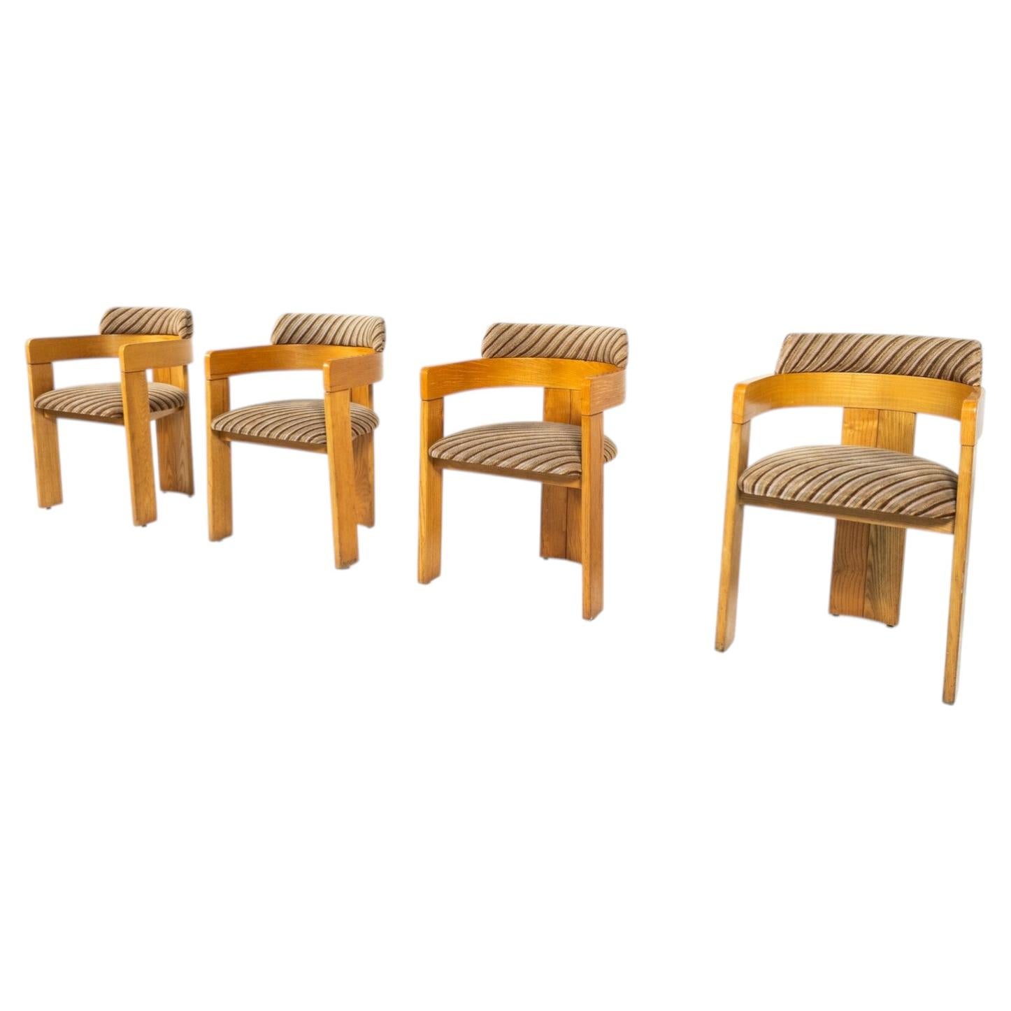 Set of 4 Armchairs, Wood and Fabric, Italy, 1970s