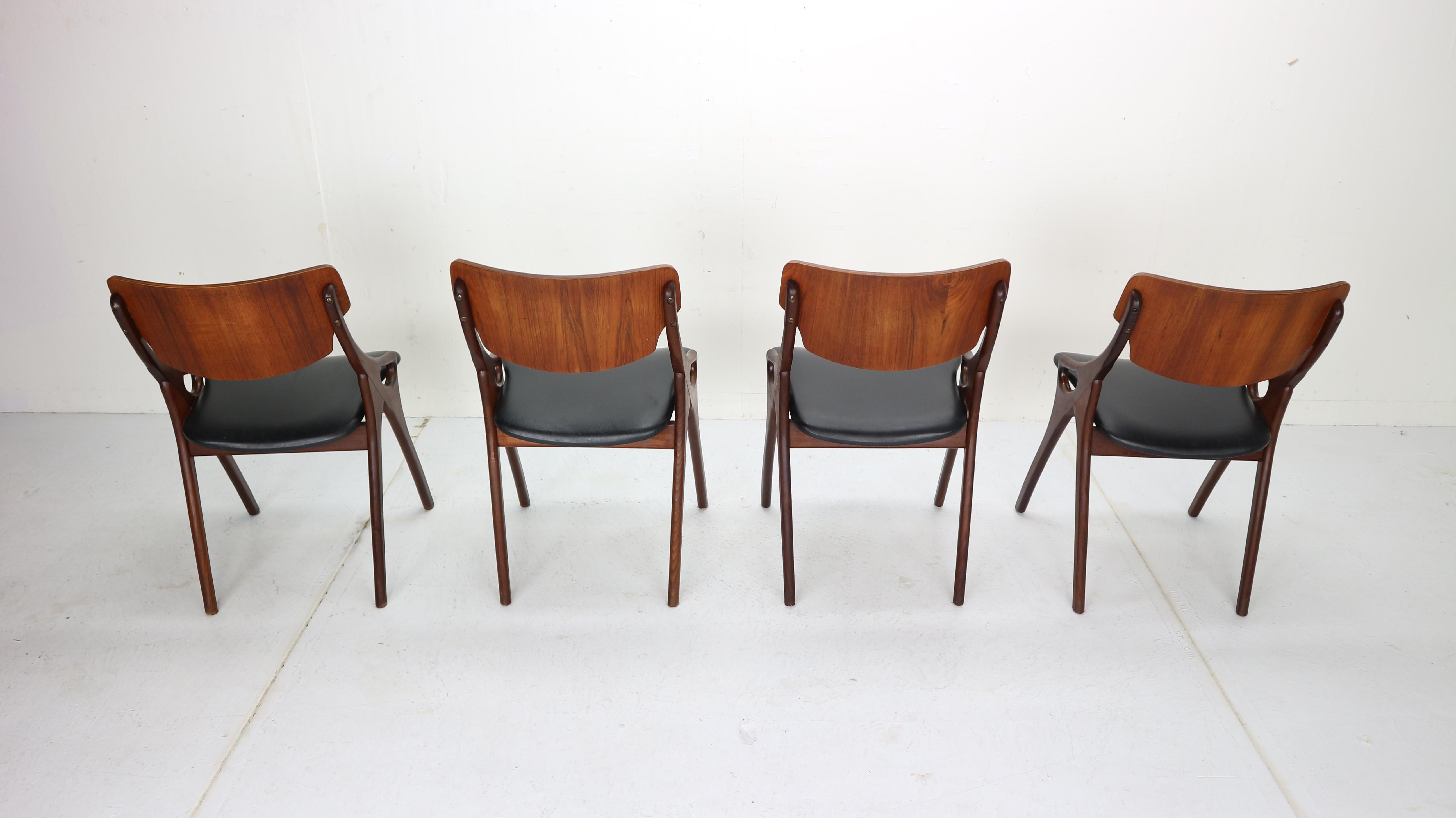 Faux Leather Set of 4 Arne Hovmand Olsen for Mogens Kold Dining Room Chairs, 1960s Denmark