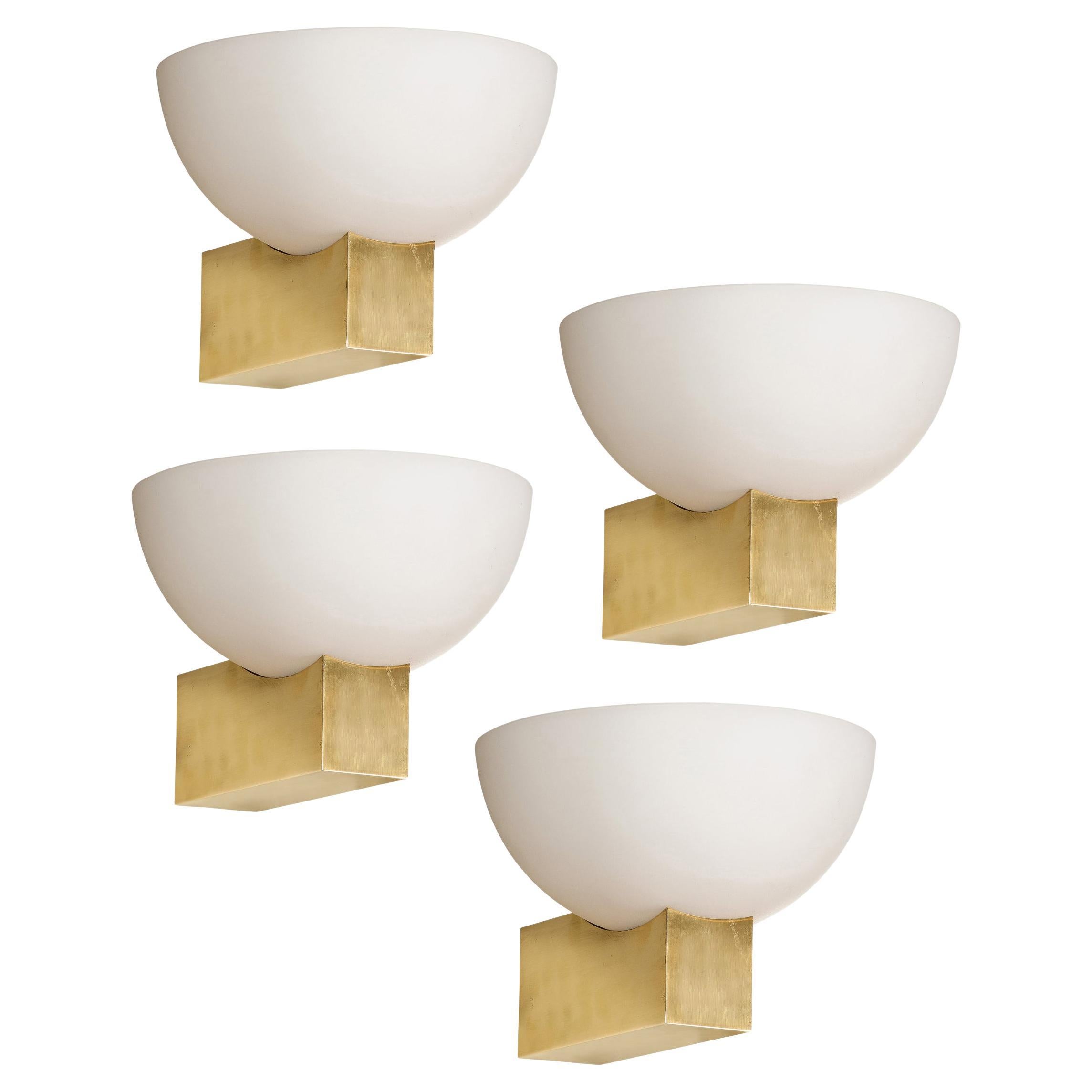 Set of 4 Art Deco Brass & Frosted Glass Reverse Dome Sconces Signed Jean Perzel For Sale