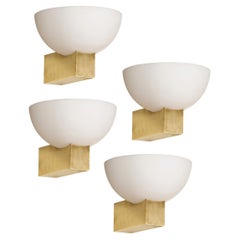 Set of 4 Art Deco Brass & Frosted Glass Reverse Dome Sconces Signed Jean Perzel
