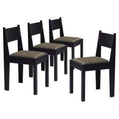 Set of 4 Art Deco Chair, Black Ash Wood, Leather Upholstery & Brass Details