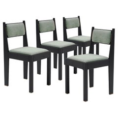 Set of 4 Art Deco Chairs, Black Ash Wood, Green Upholstery & Brass Details