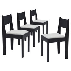 Set of 4 Art Deco Chairs, Black Ash Wood, Upholstered Seat & Bronze Details