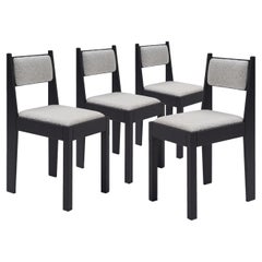 Set of 4 Art Deco Chairs, Black Ash Wood, White Upholstery & Bronze Details