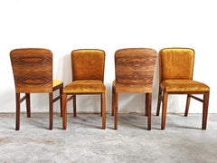 Set of 4 Art Deco Chairs in walnut root veneer, upholstered in old gold plush