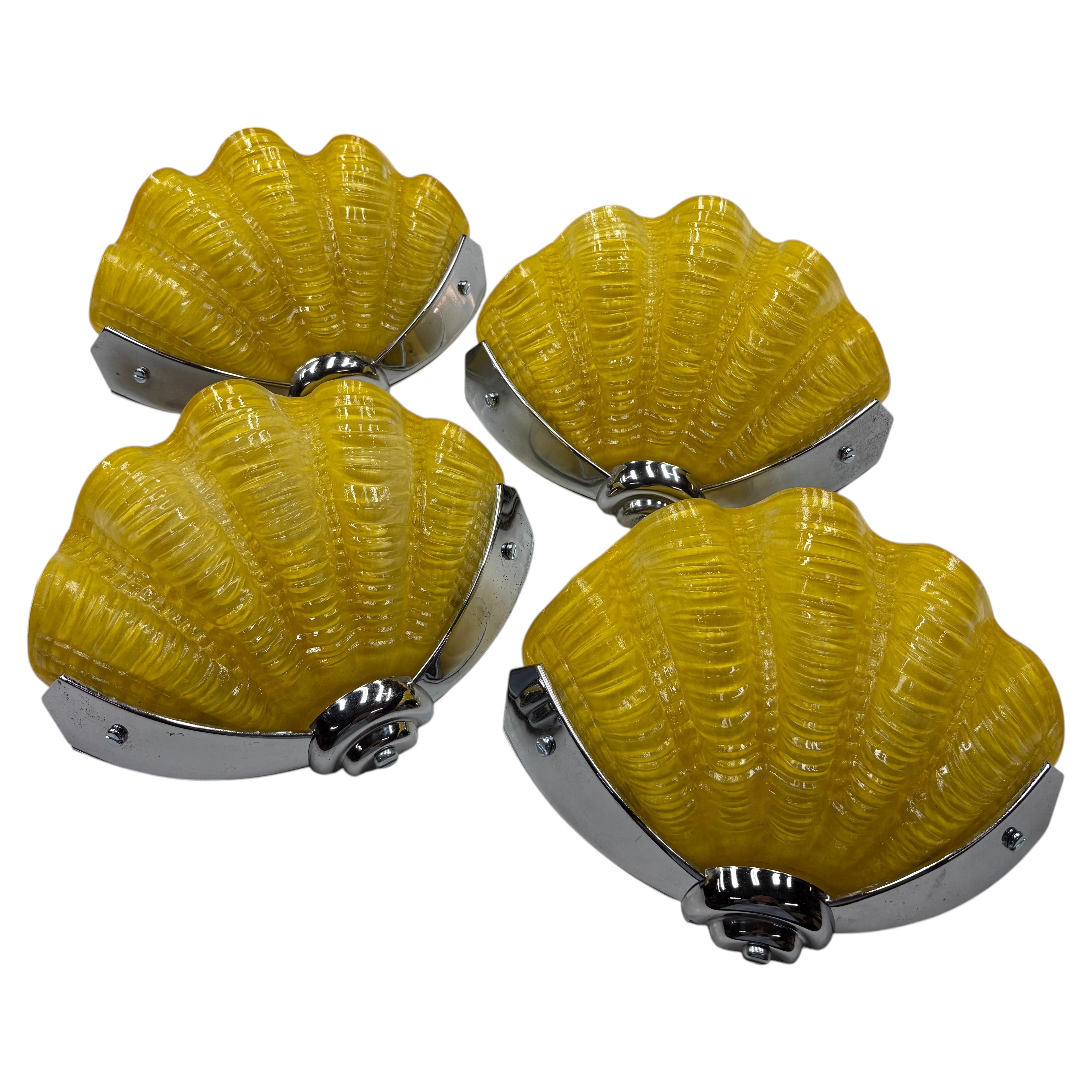 Set of 4 art Deco Chrome shell wall lights in daffodil yellow For Sale
