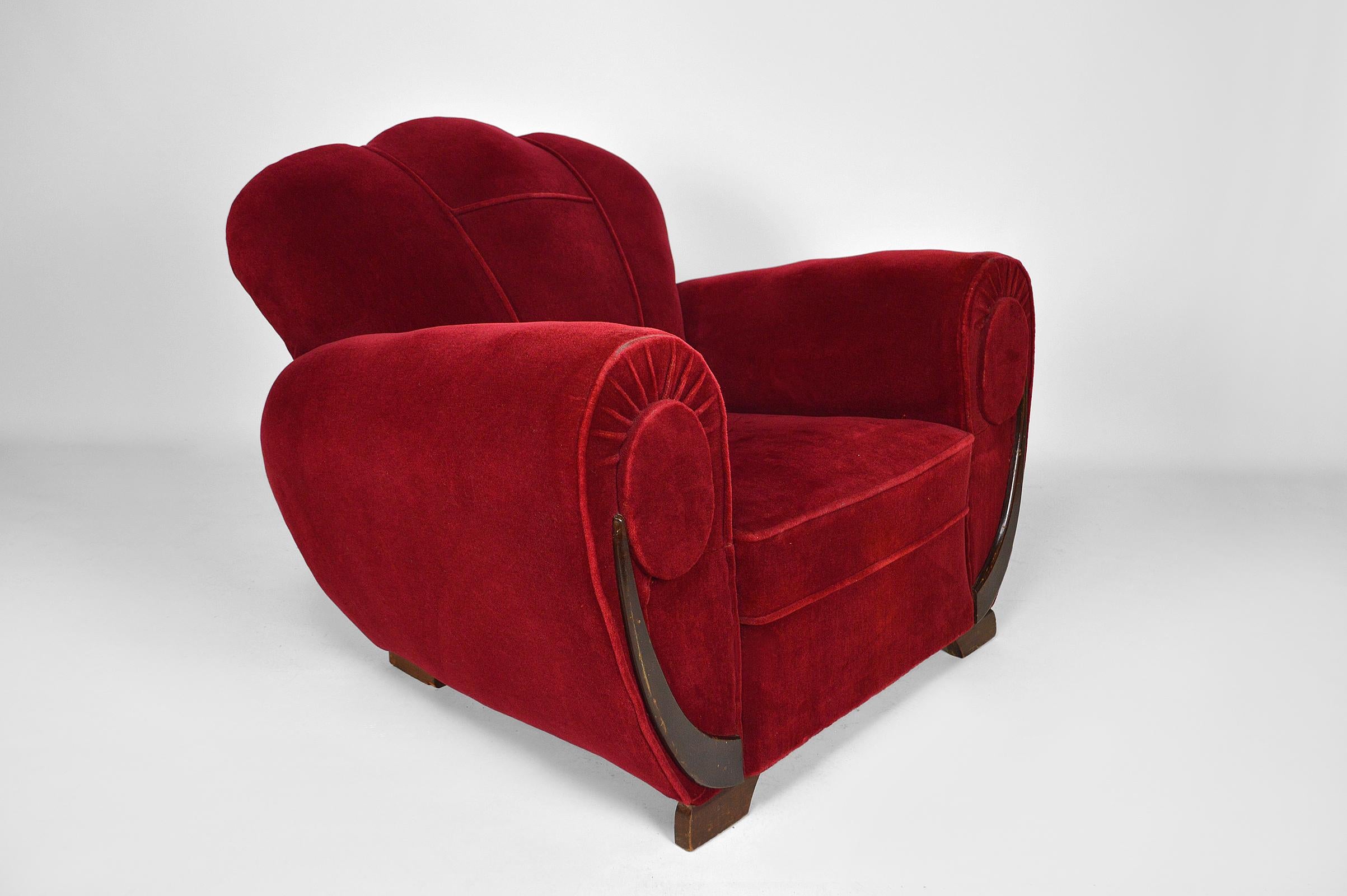 Set of 4 Art Deco Club Chairs in Red Velvet, France, circa 1930 4