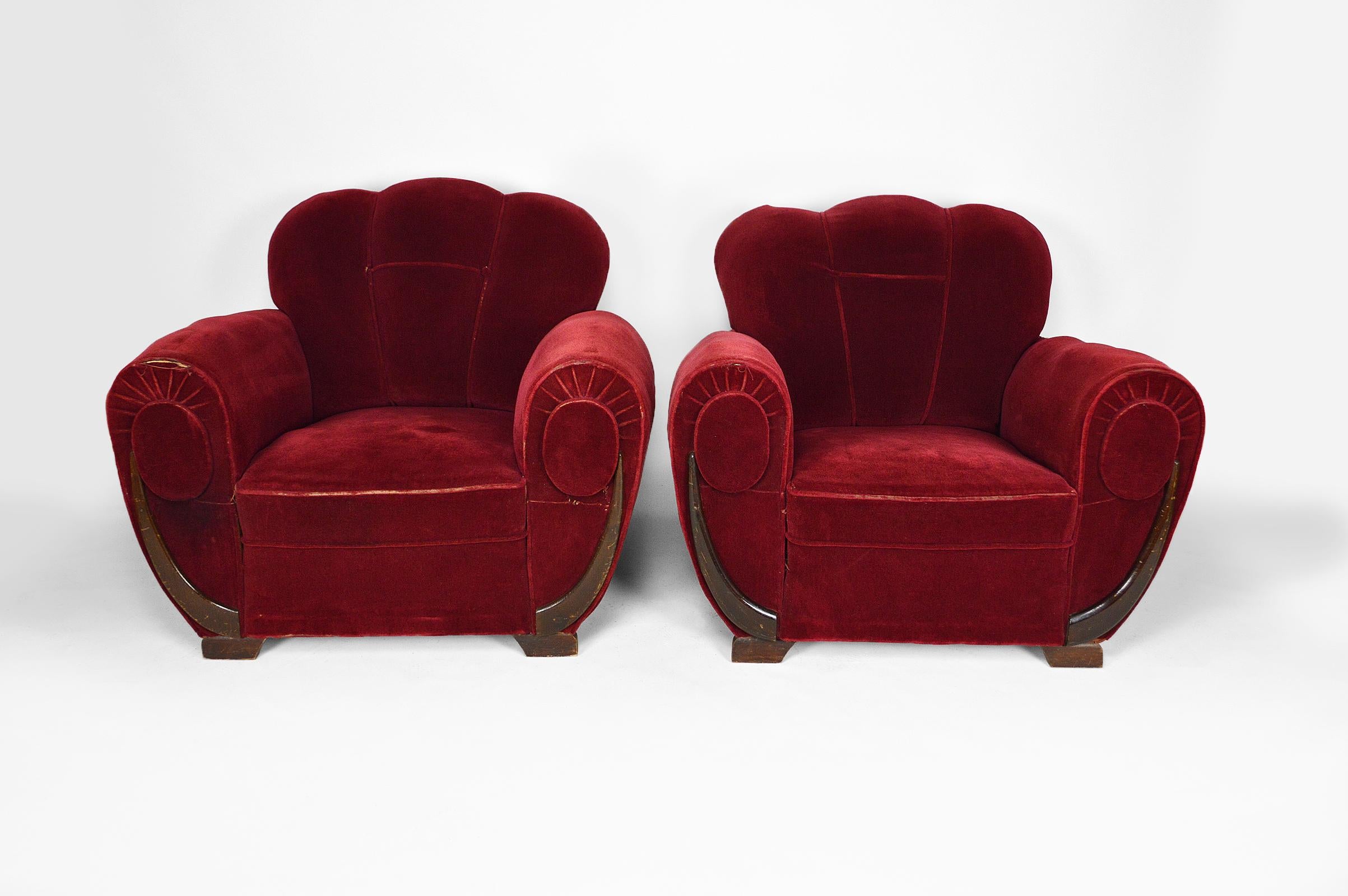 Set of 4 Art Deco Club Chairs in Red Velvet, France, circa 1930 6