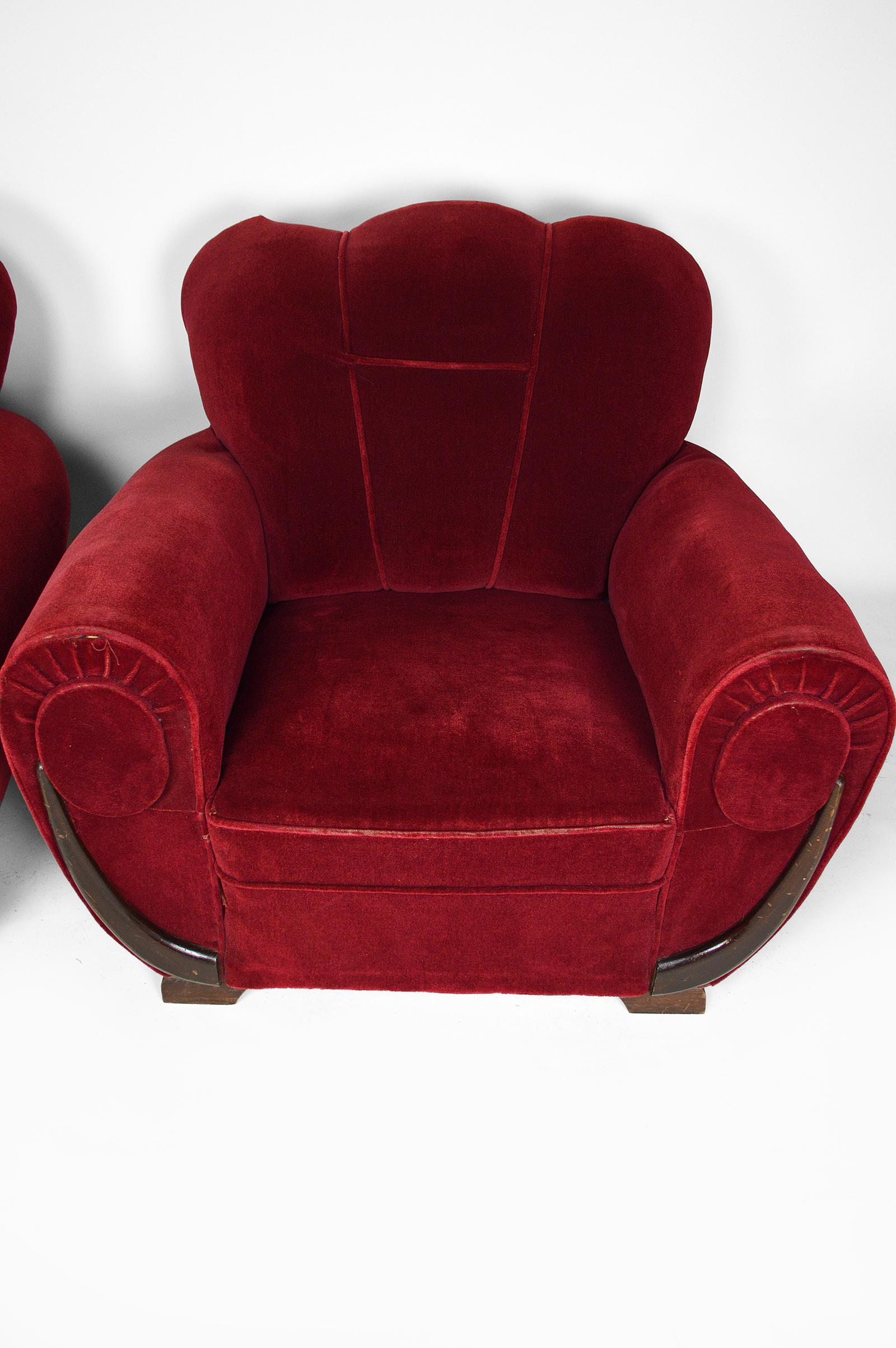 Set of 4 Art Deco Club Chairs in Red Velvet, France, circa 1930 7