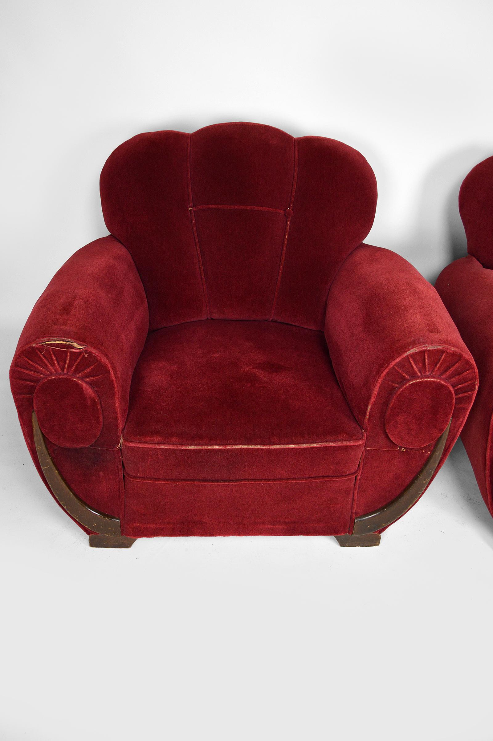 Set of 4 Art Deco Club Chairs in Red Velvet, France, circa 1930 8