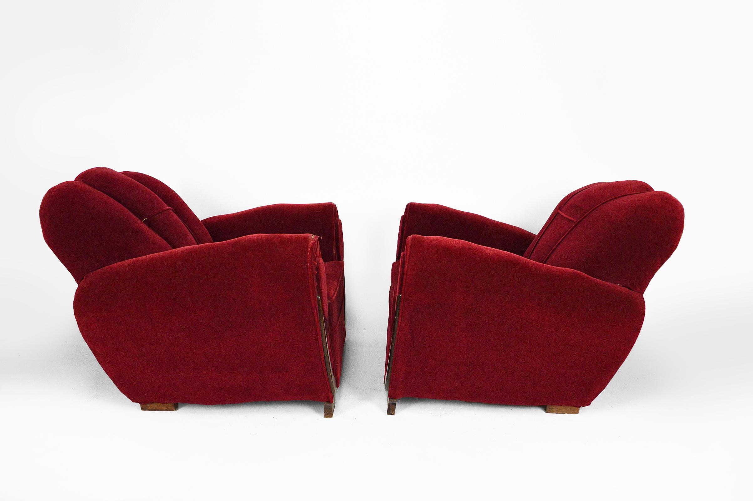 Set of 4 Art Deco Club Chairs in Red Velvet, France, circa 1930 9