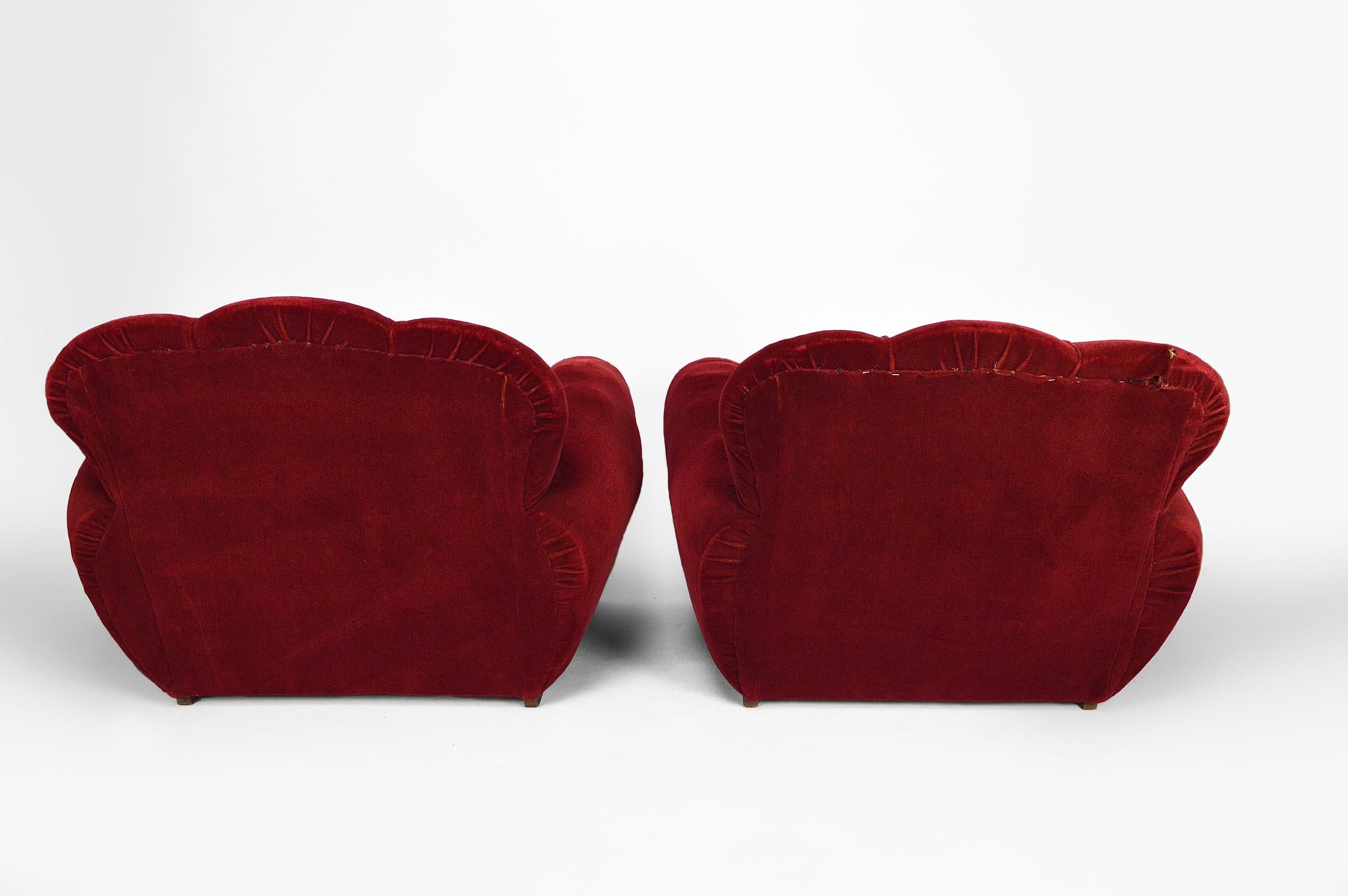 Set of 4 Art Deco Club Chairs in Red Velvet, France, circa 1930 10