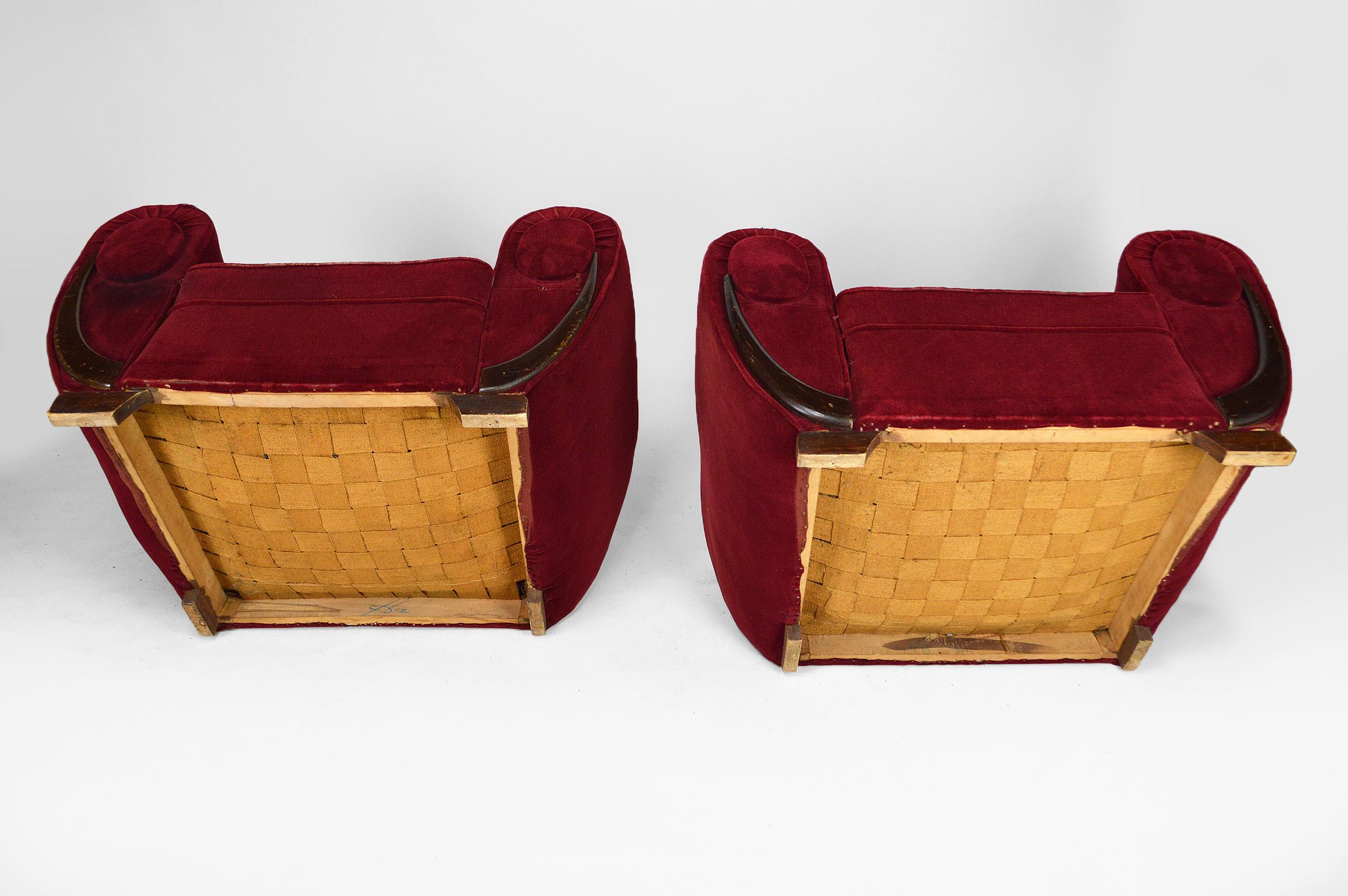 Set of 4 Art Deco Club Chairs in Red Velvet, France, circa 1930 11