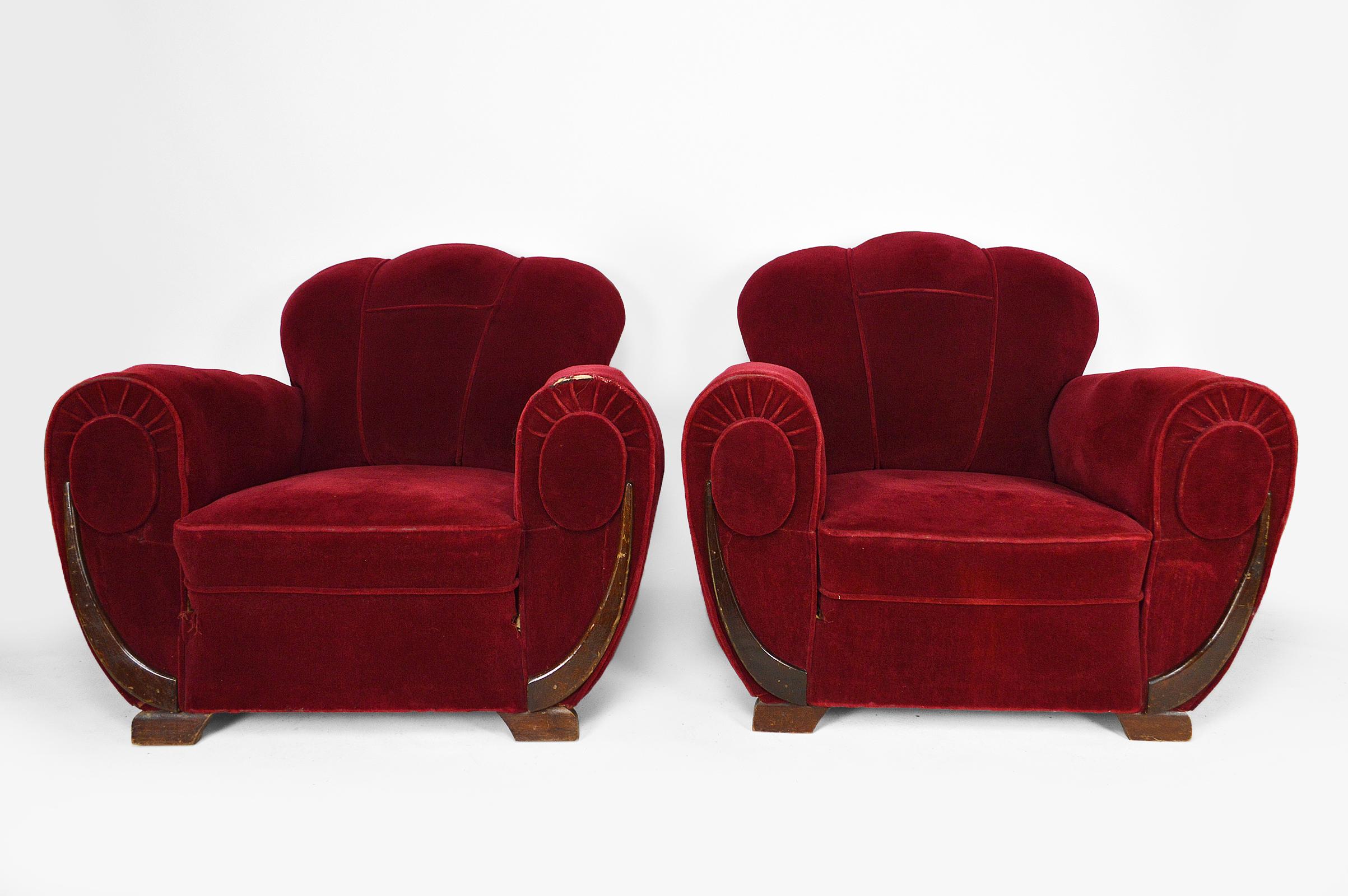 French Set of 4 Art Deco Club Chairs in Red Velvet, France, circa 1930