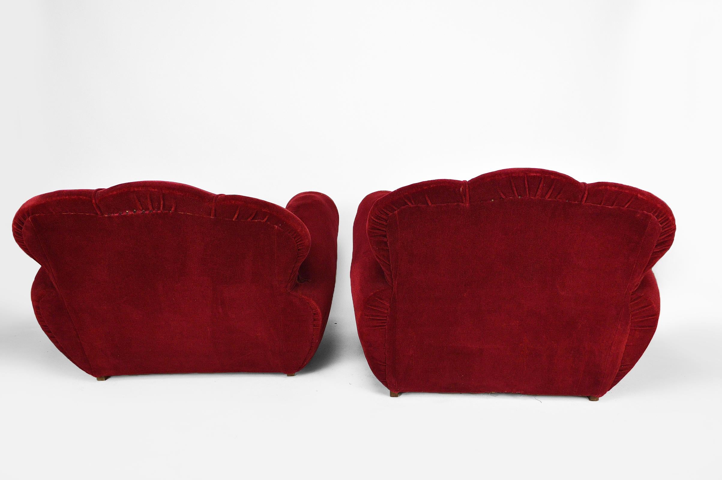 Mid-20th Century Set of 4 Art Deco Club Chairs in Red Velvet, France, circa 1930