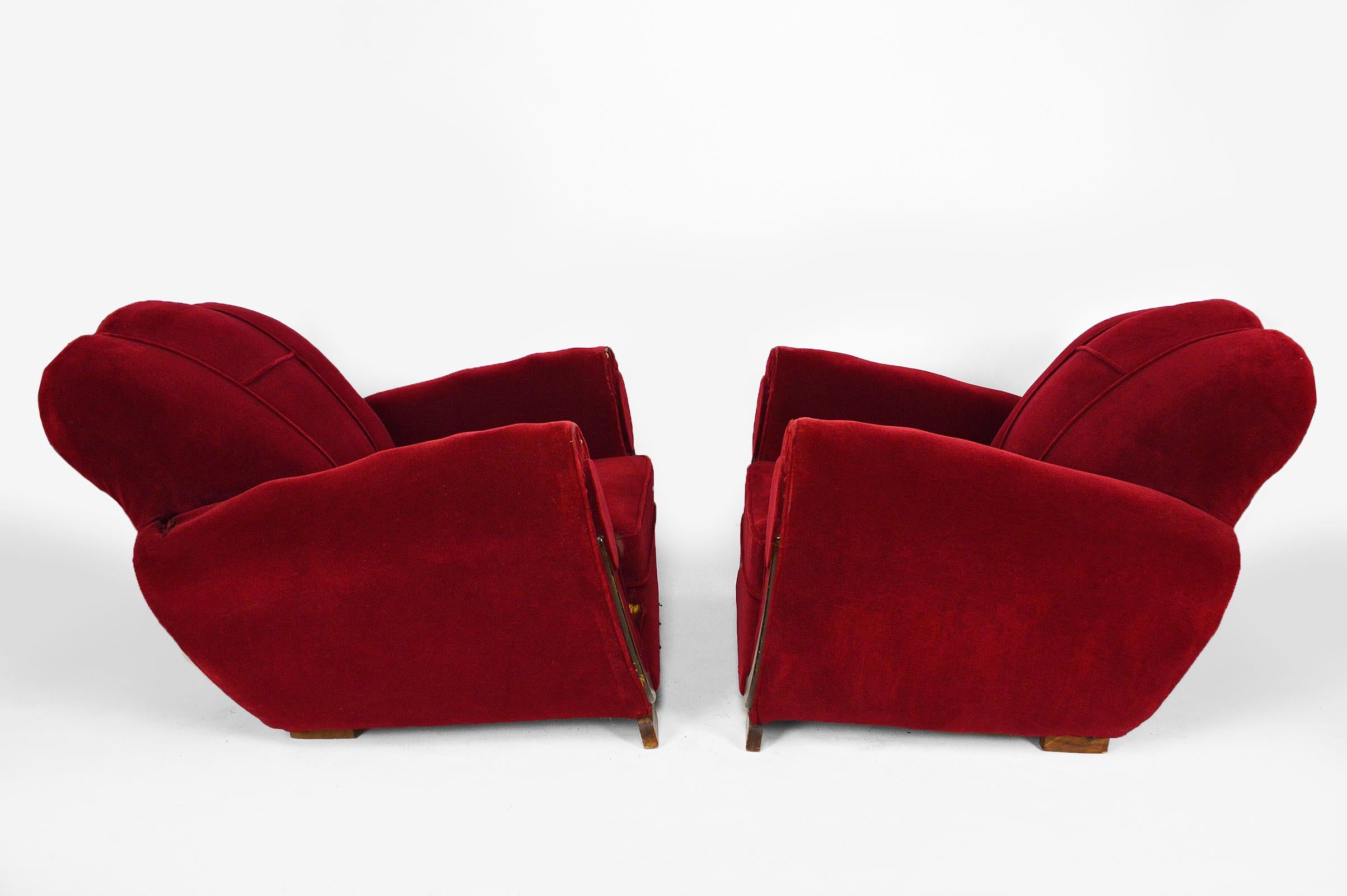 Fabric Set of 4 Art Deco Club Chairs in Red Velvet, France, circa 1930