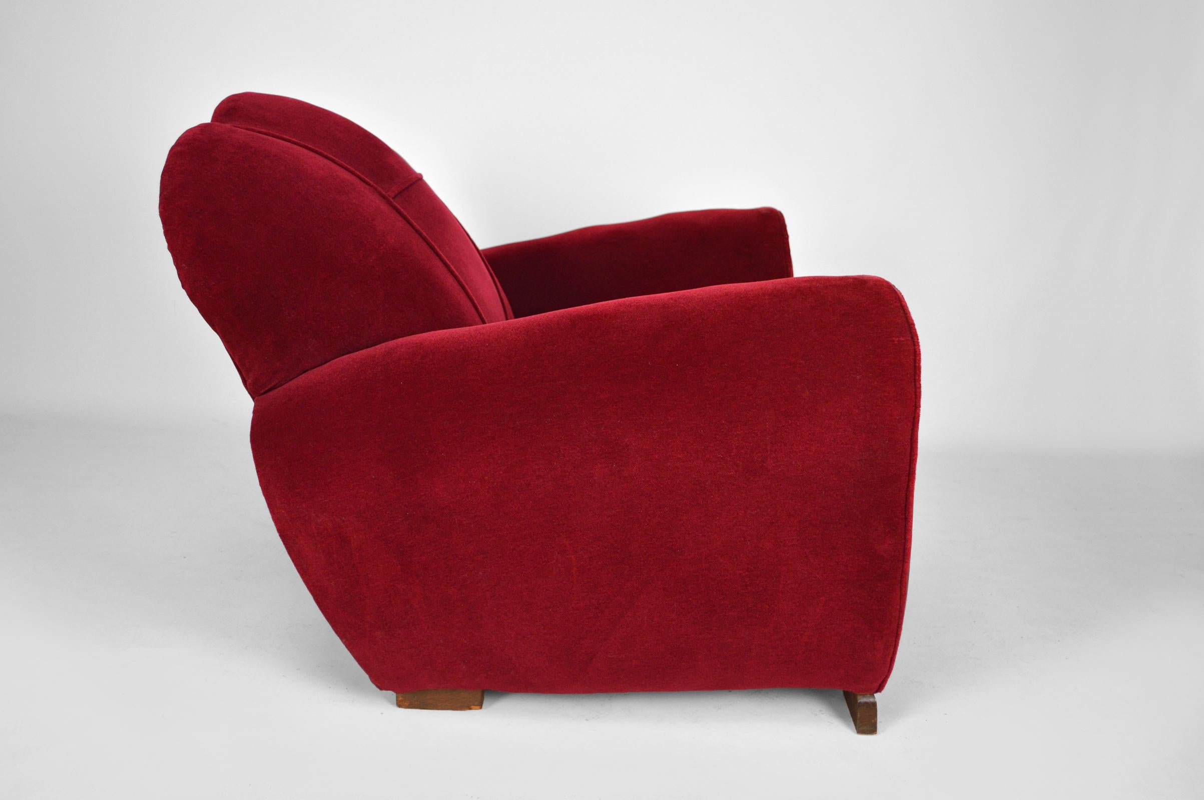 Set of 4 Art Deco Club Chairs in Red Velvet, France, circa 1930 3