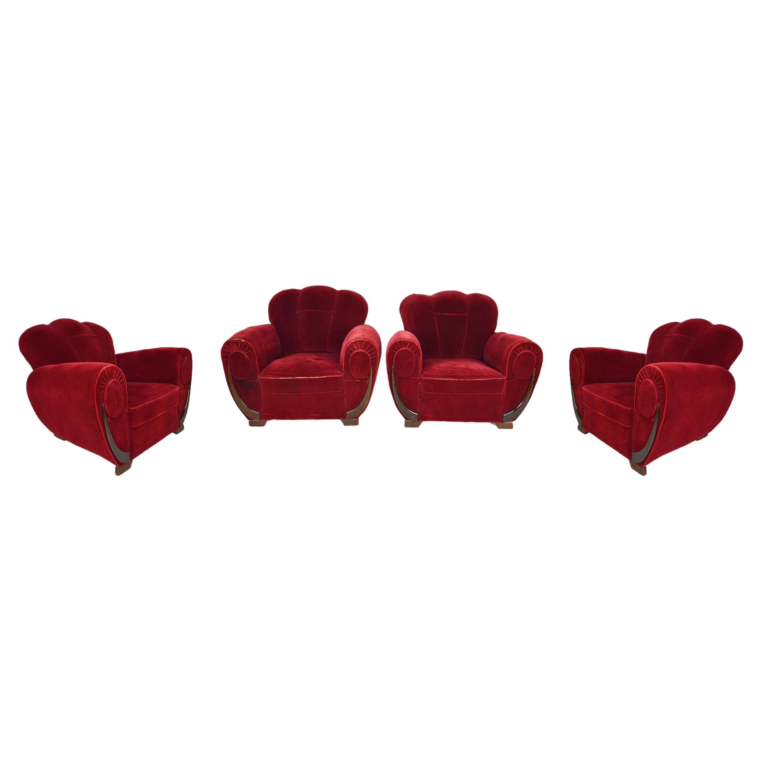 Set of 4 Art Deco Club Chairs in Red Velvet, France, circa 1930