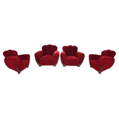 Set of 4 Art Deco Club Chairs in Red Velvet, France, circa 1930