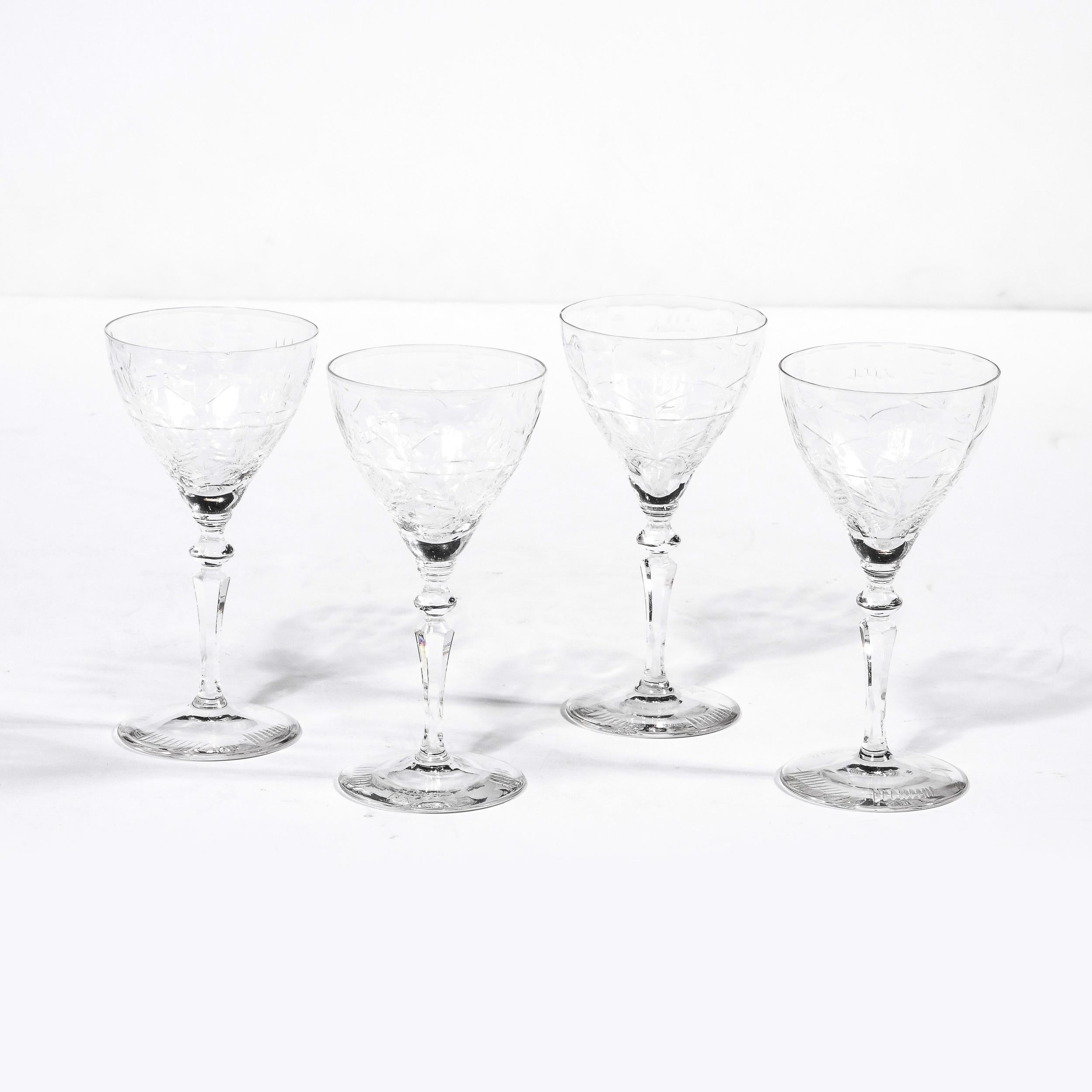 Set of 4 Art Deco Cut Crystal Cocktail Glasses with Foliage Motifs For