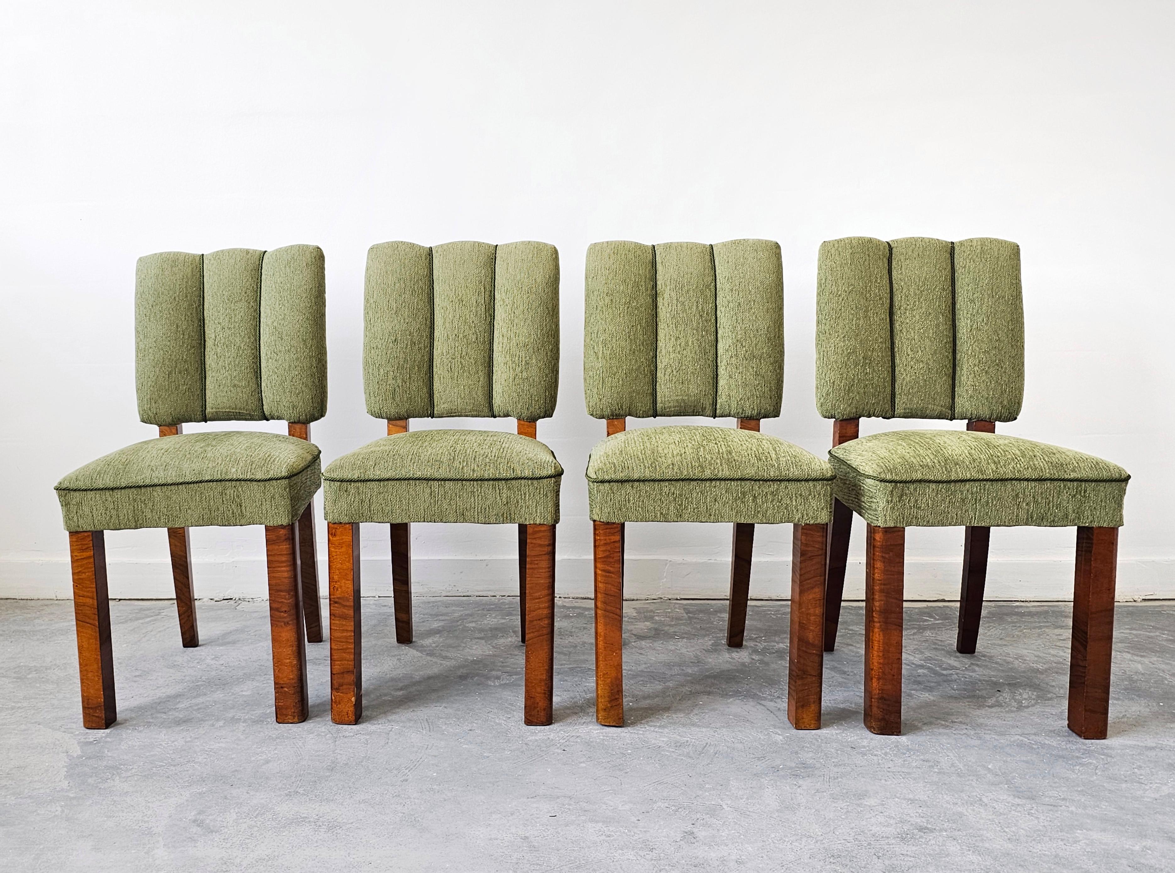 Velvet Set of 4 Art Deco Dining Chairs done in walnut, Austria 1930s For Sale