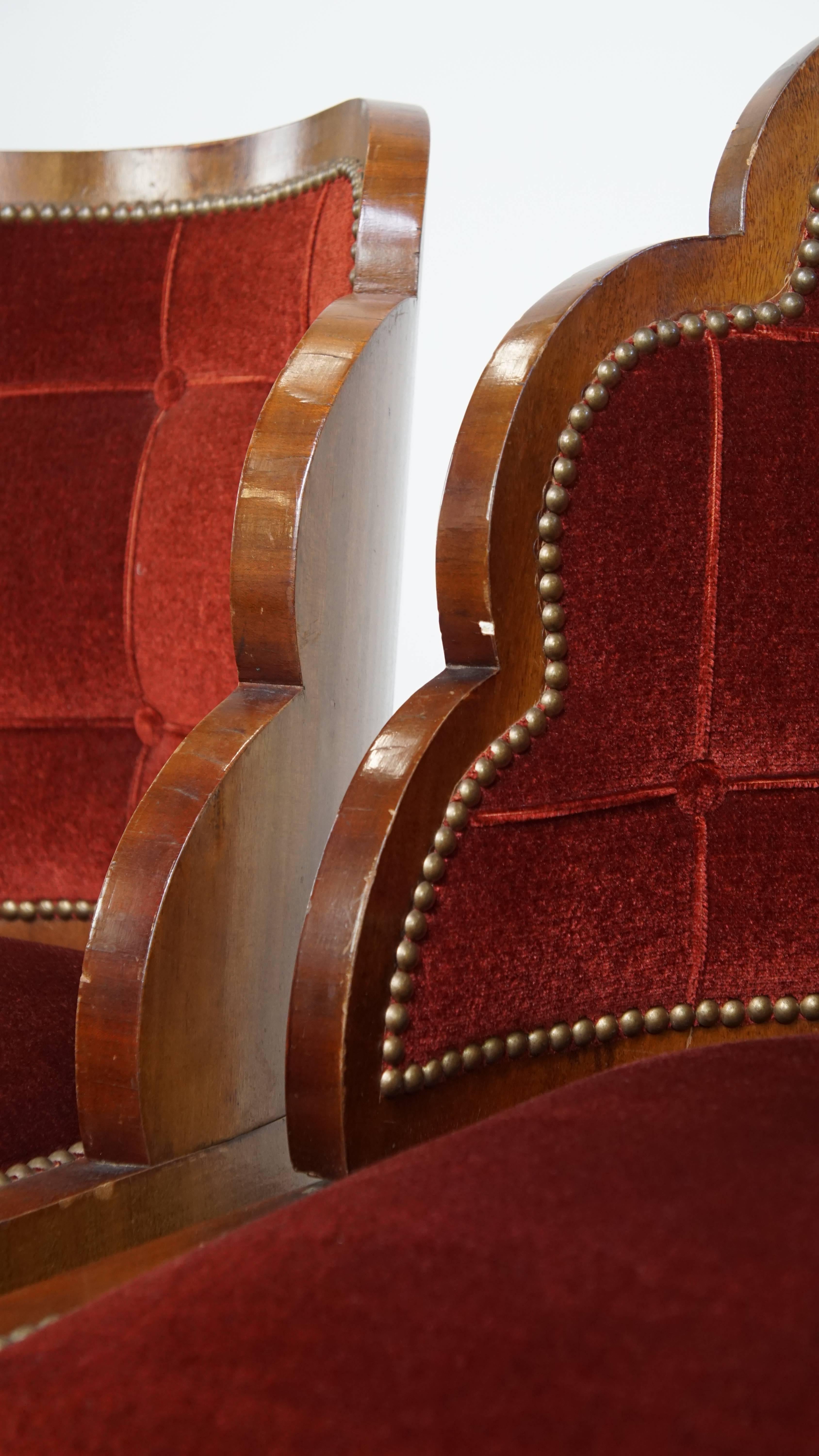 Set of 4 Art Deco Dining Chairs with Red Upholstery and Wooden Backs For Sale 5