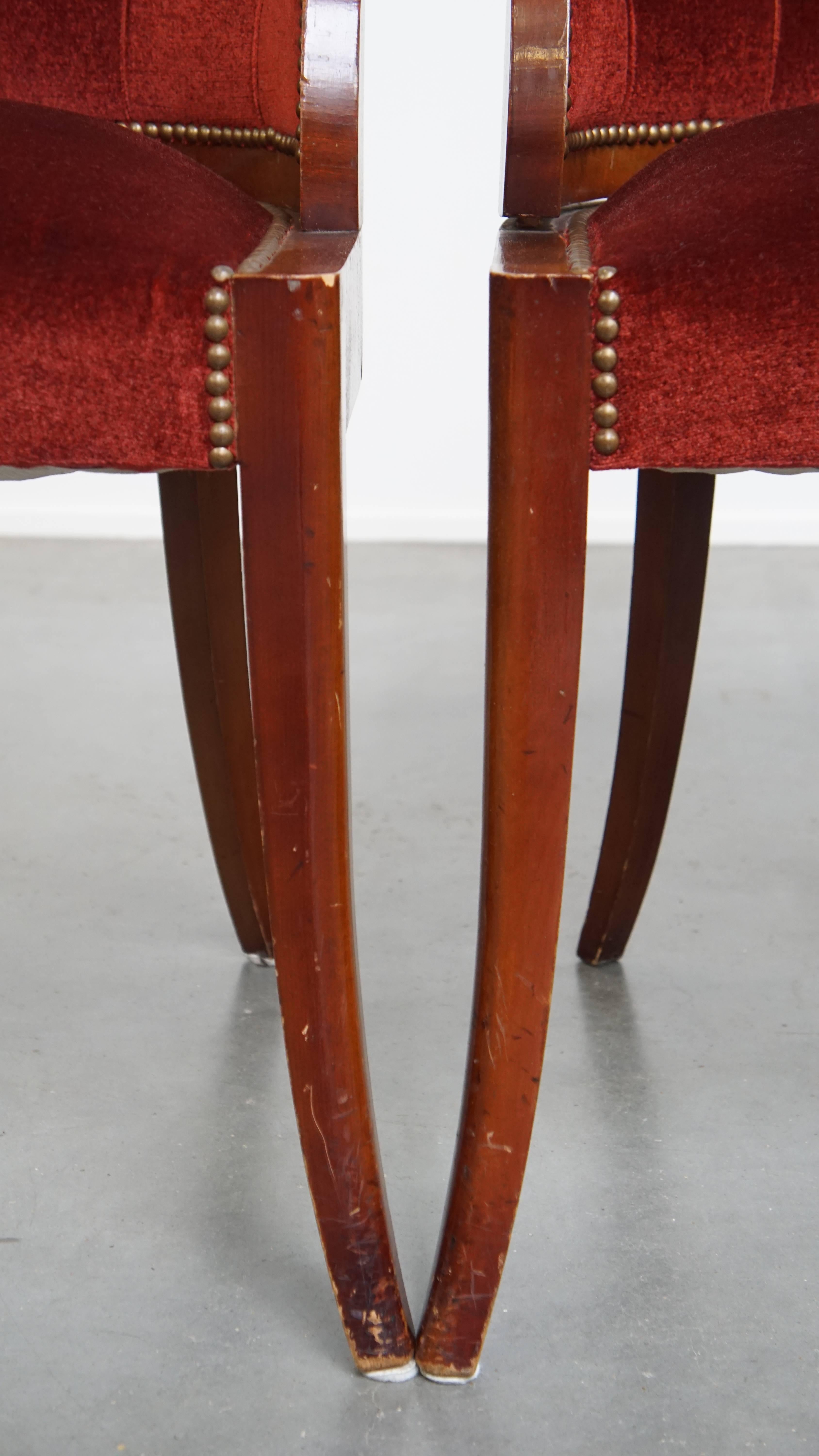 Set of 4 Art Deco Dining Chairs with Red Upholstery and Wooden Backs For Sale 7
