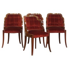 Set of 4 Art Deco Dining Chairs with Red Upholstery and Wooden Backs