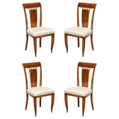 Set of 4 Art Deco Directoire Style Chairs in Bookmatched Walnut w/ Bronze Detail