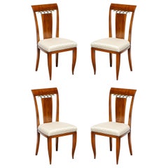 Set of 4 Art Deco Directoire Style Chairs in Bookmatched Walnut w/ Bronze Detail