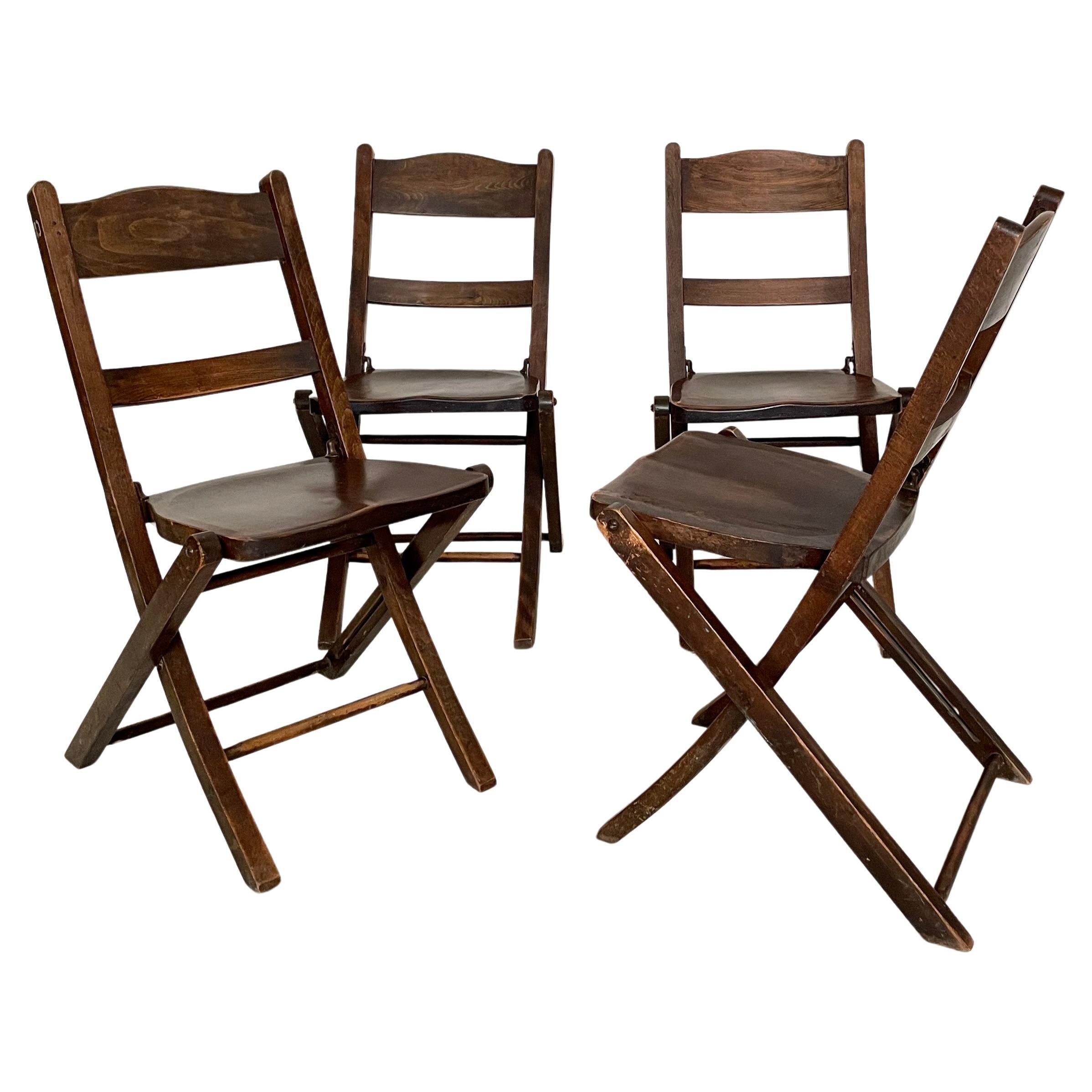 Set of 4 Art Deco Folding Chairs in Brown Beech and Ash, around 1930