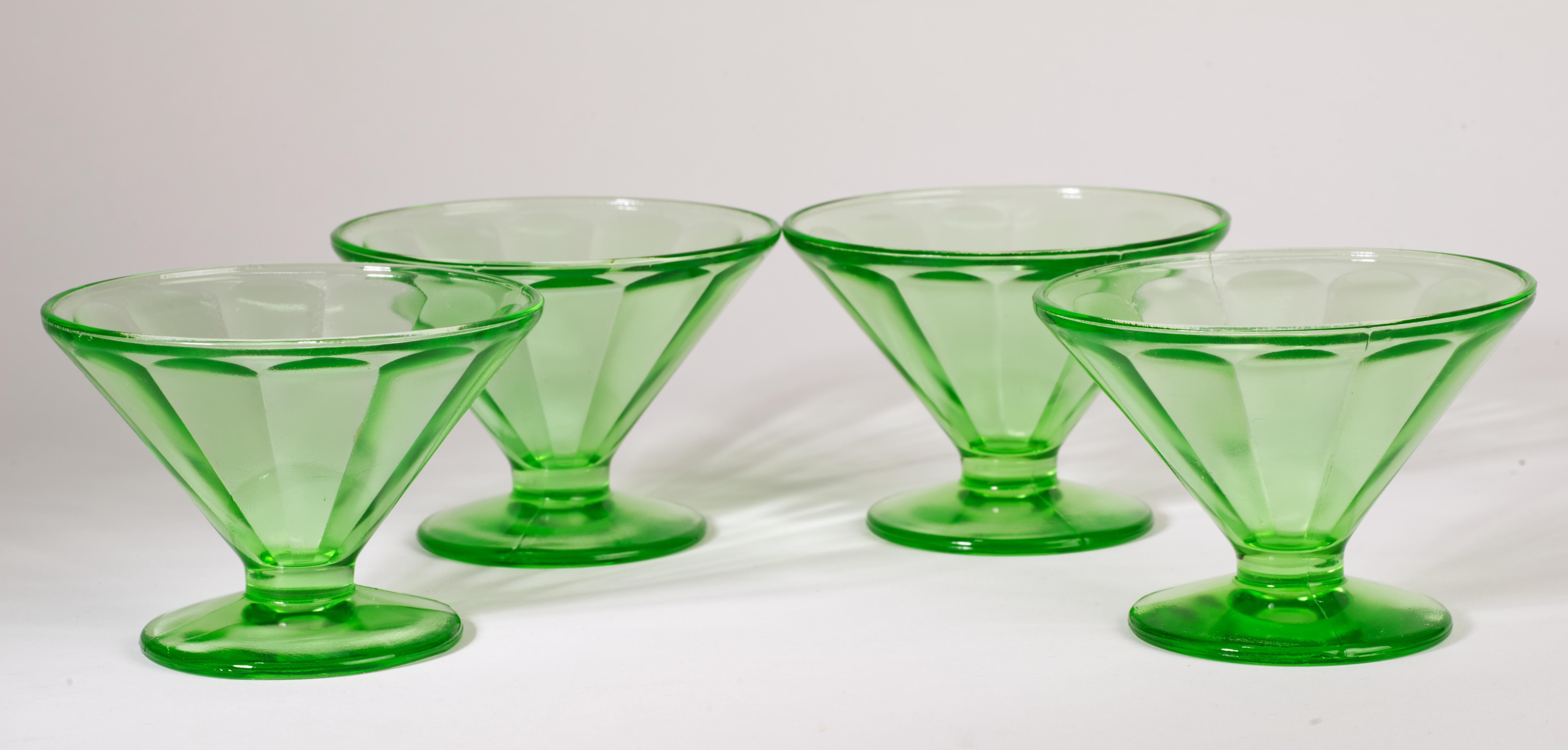 American Set of 4 Art Deco Footed Bowls, Uranium Vaseline Depression Glass, Glows in UV