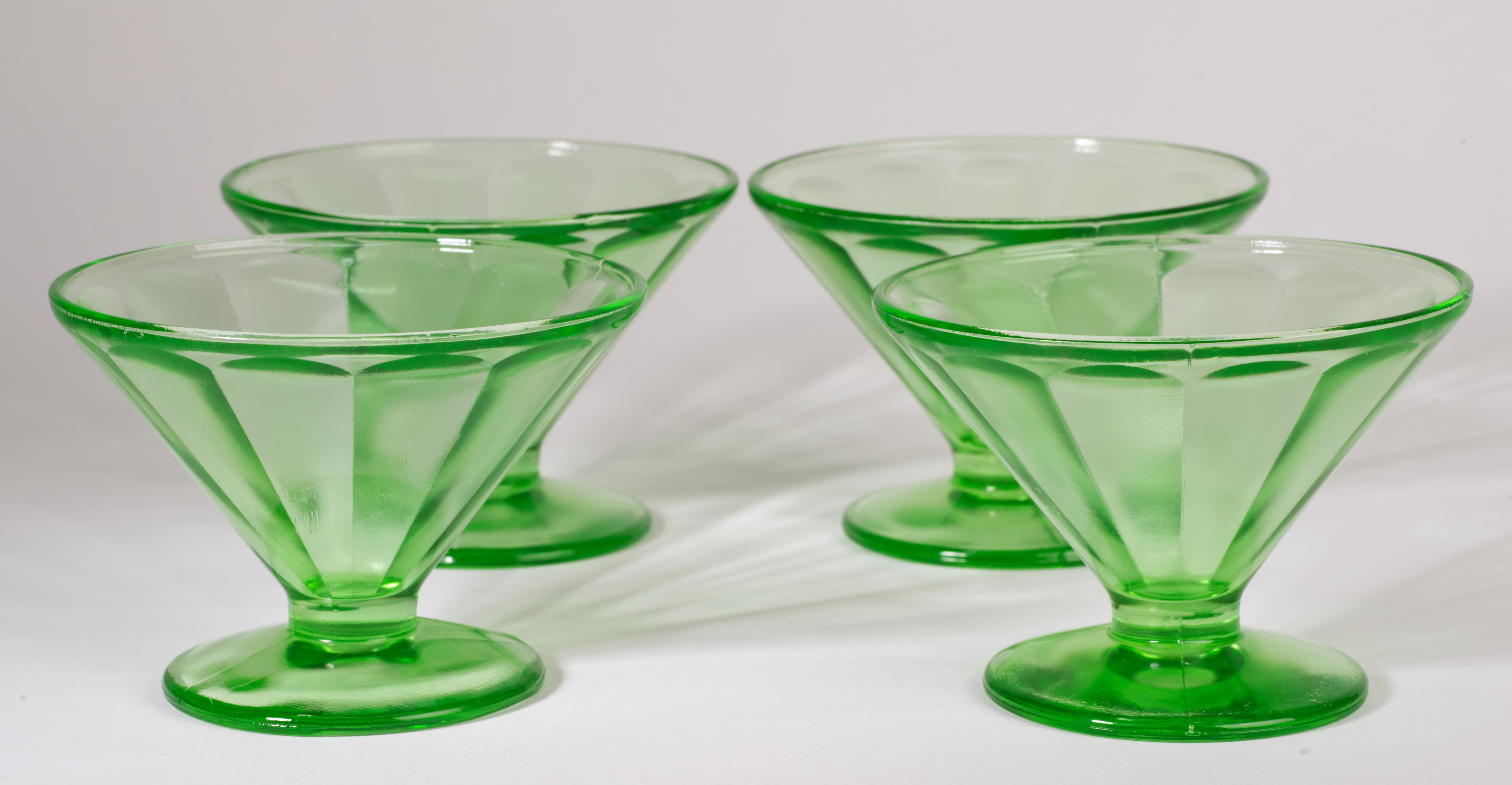 Cast Set of 4 Art Deco Footed Bowls, Uranium Vaseline Depression Glass, Glows in UV