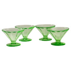 Vintage Set of 4 Art Deco Footed Bowls, Uranium Vaseline Depression Glass, Glows in UV
