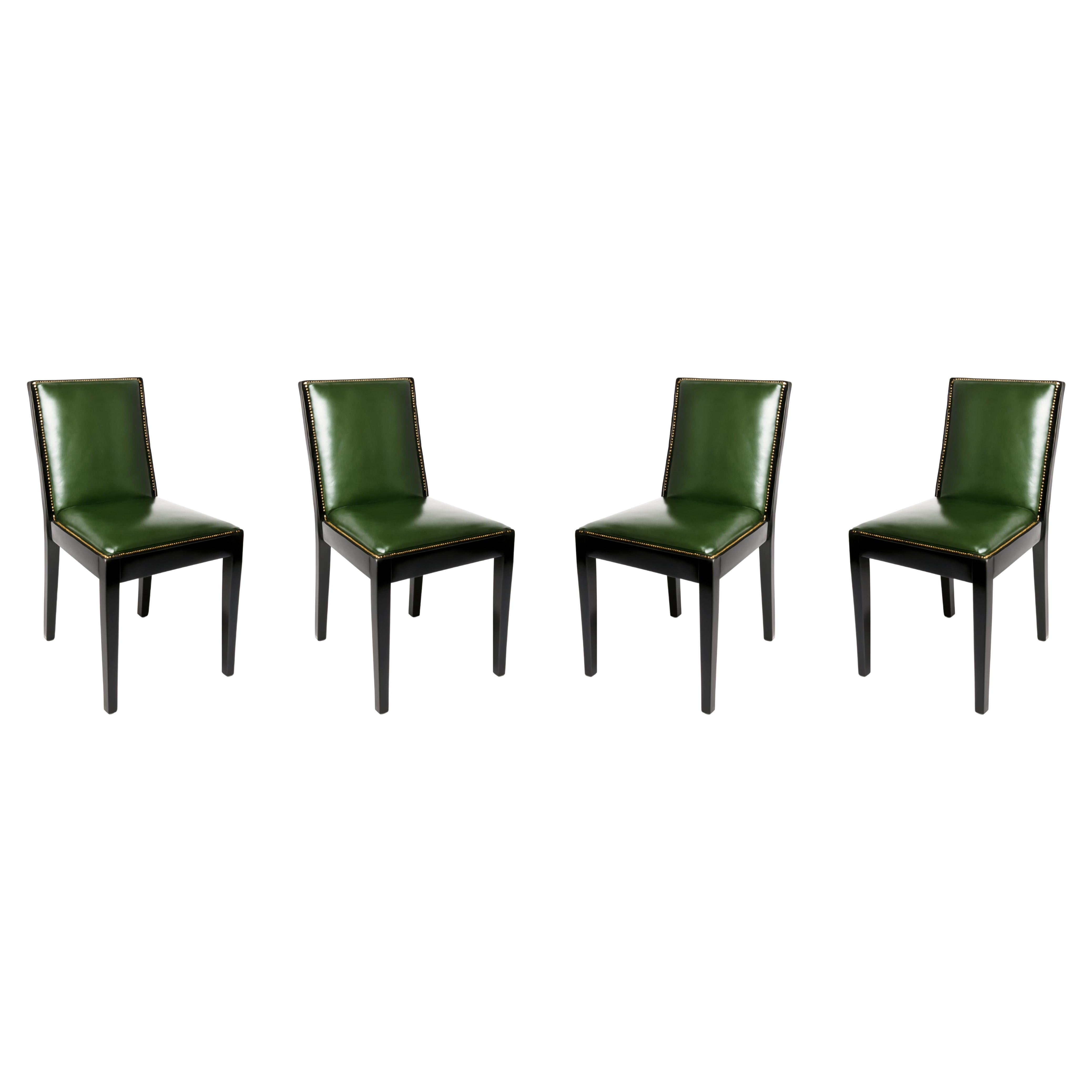 Ensemble de 4 chaises de salle à manger Art Déco en cuir et laque noire, 20ème siècle