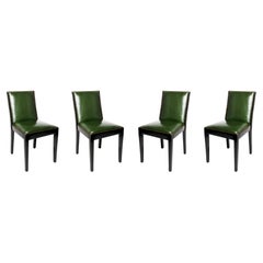 Set of 4 Art Deco Leather Black Lacquer Dining Chairs, 20th Century