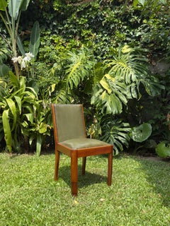 Art Deco Set of Four Dining Chairs, Green Leather & Walnut, 1920s