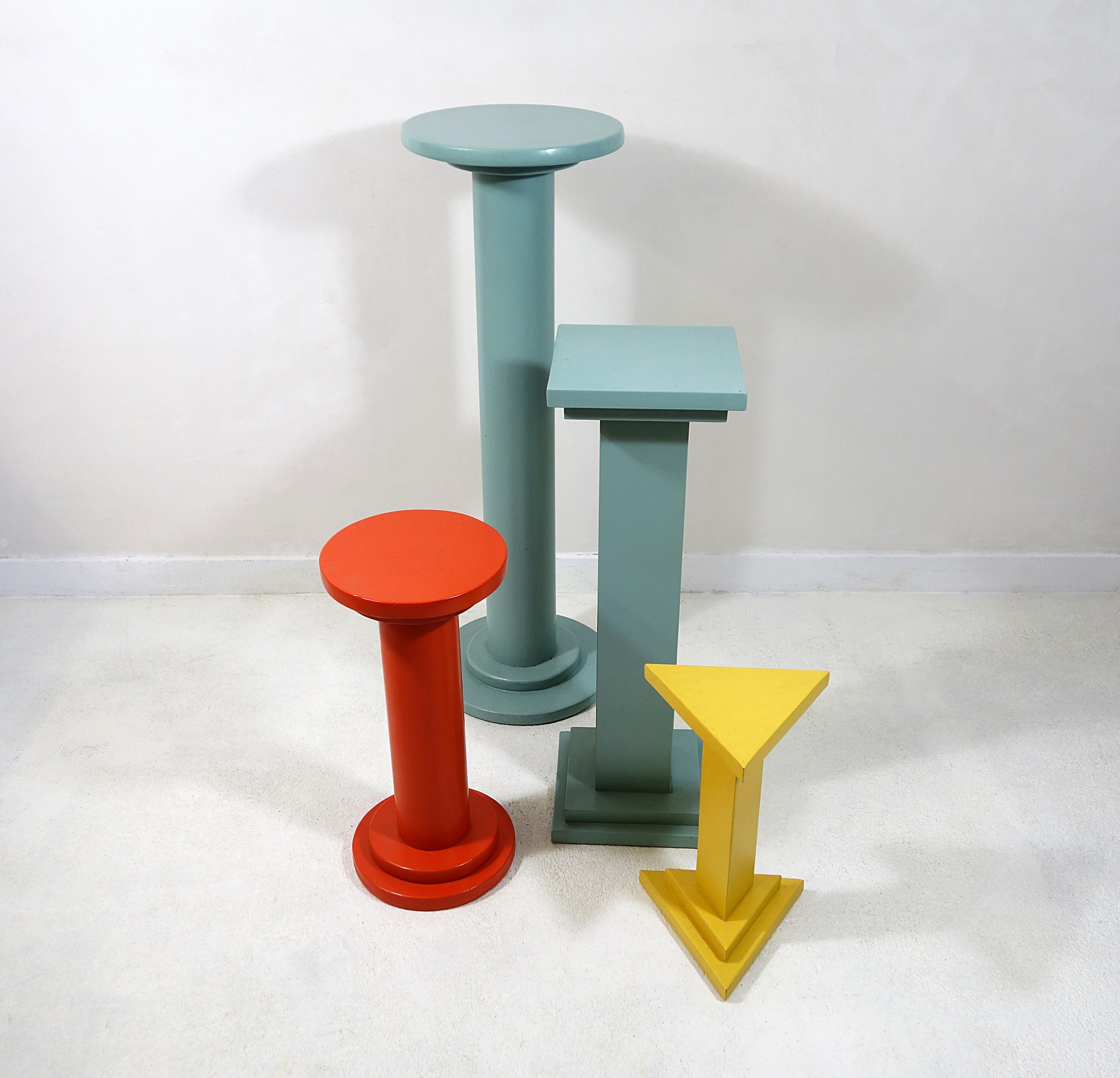 Dutch Set of 4 Art Deco Style Wooden Pedestals or Plant Stands in 1930s Colors
