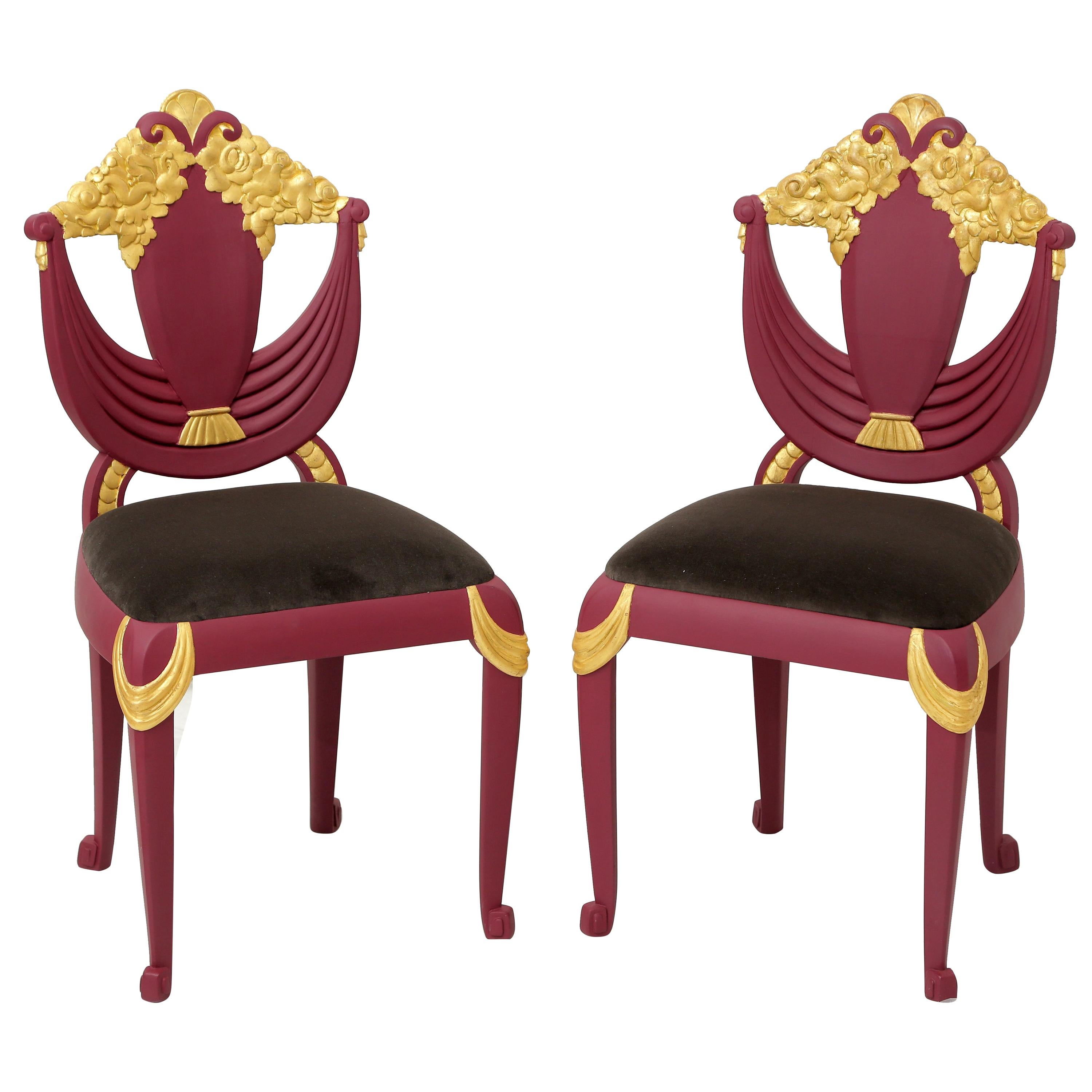 Set of 4 Art Deco Transitional Burgundy and Gold Leaf Gilded Wood Dining Chairs