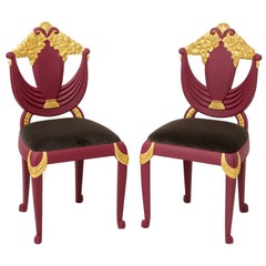 Set of 4 Art Deco Transitional Burgundy and Gold Leaf Gilded Wood Dining Chairs