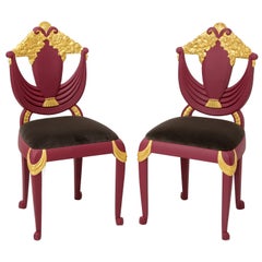 Set of 4 Art Deco Transitional Burgundy and Gold Leaf Gilded Wood Dining Chairs