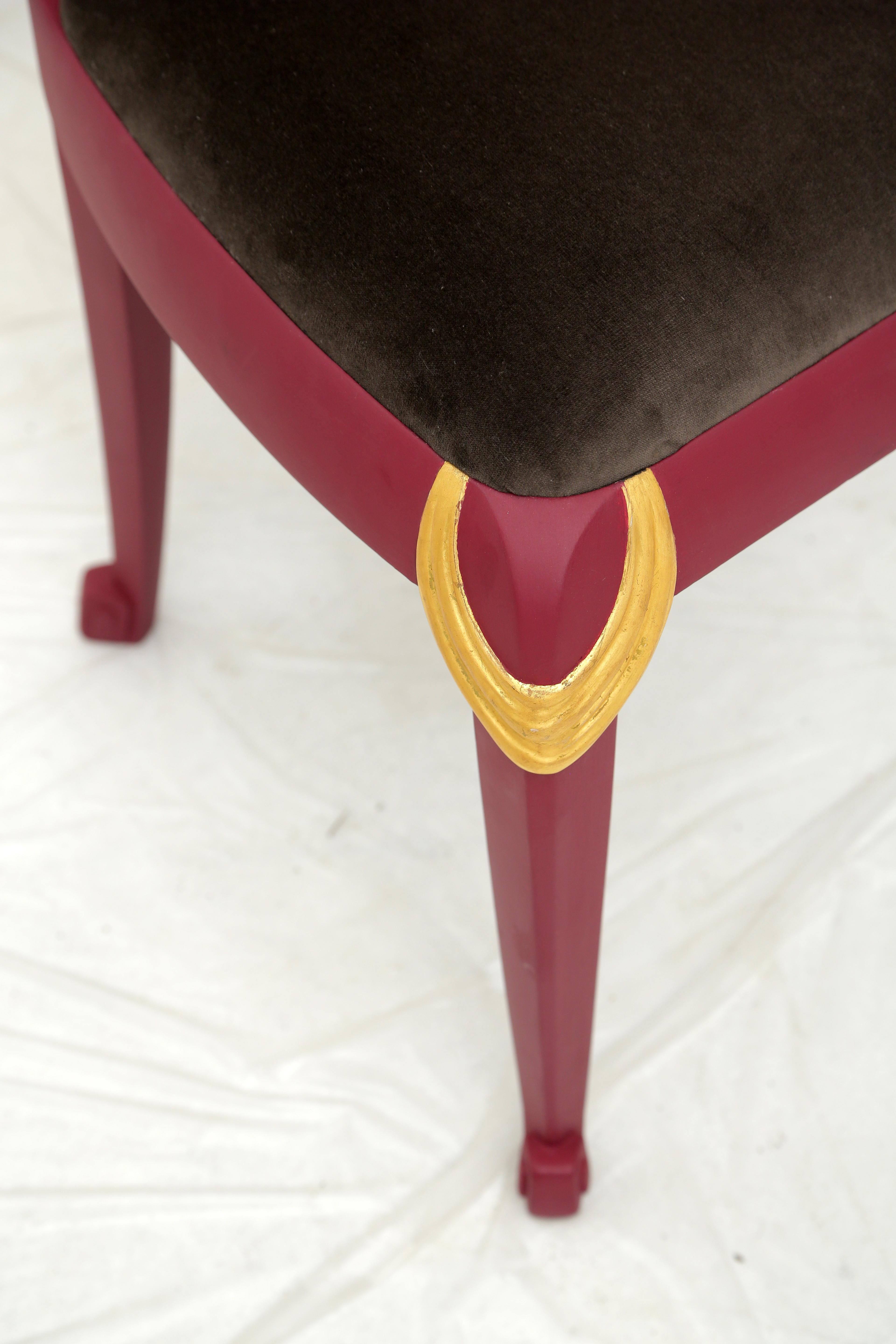 Set of 4 Art Deco Transitional Burgundy and Gold Leaf Gilded Wood Dining Chairs 5