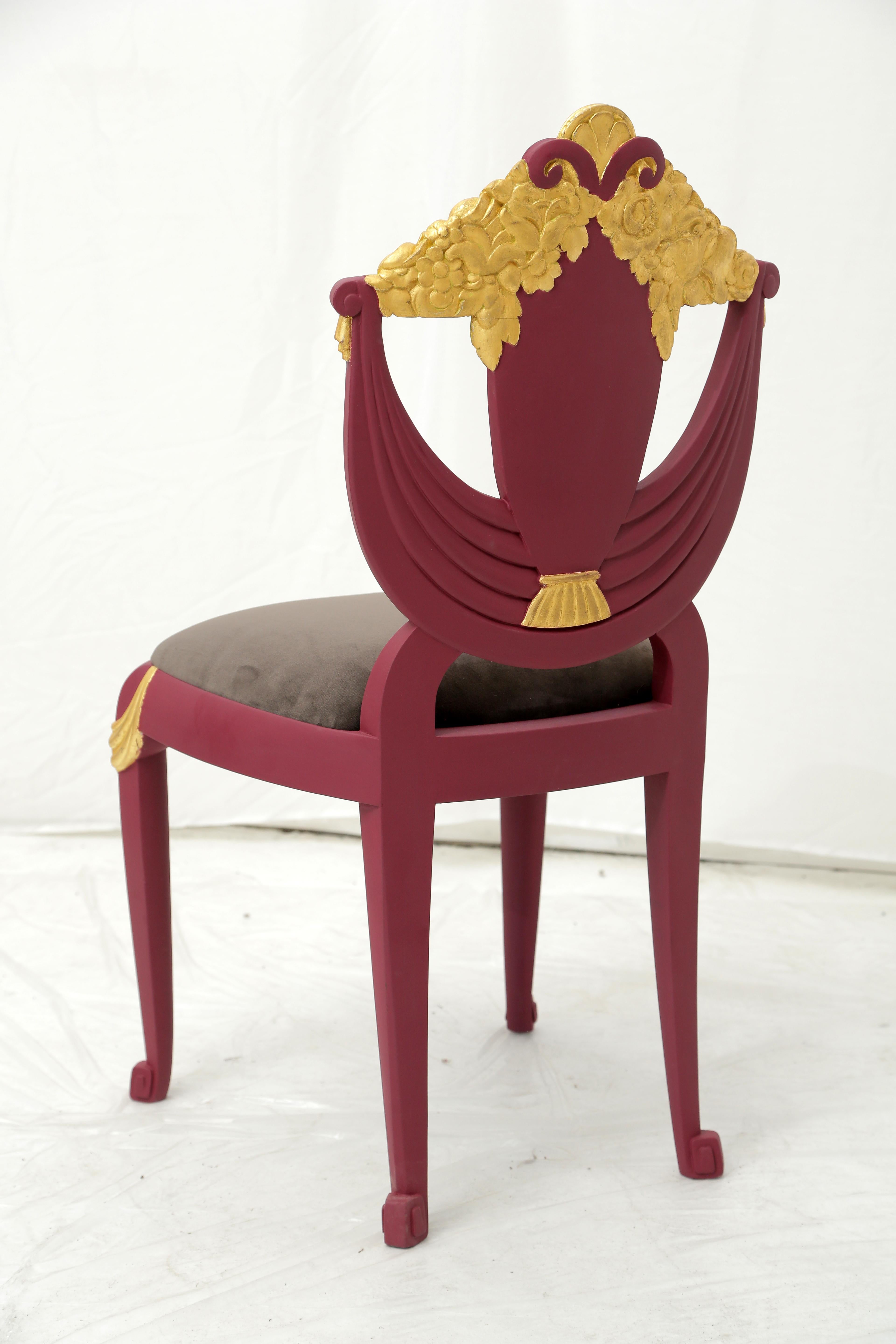 Set of 4 Art Deco Transitional Burgundy and Gold Leaf Gilded Wood Dining Chairs 7