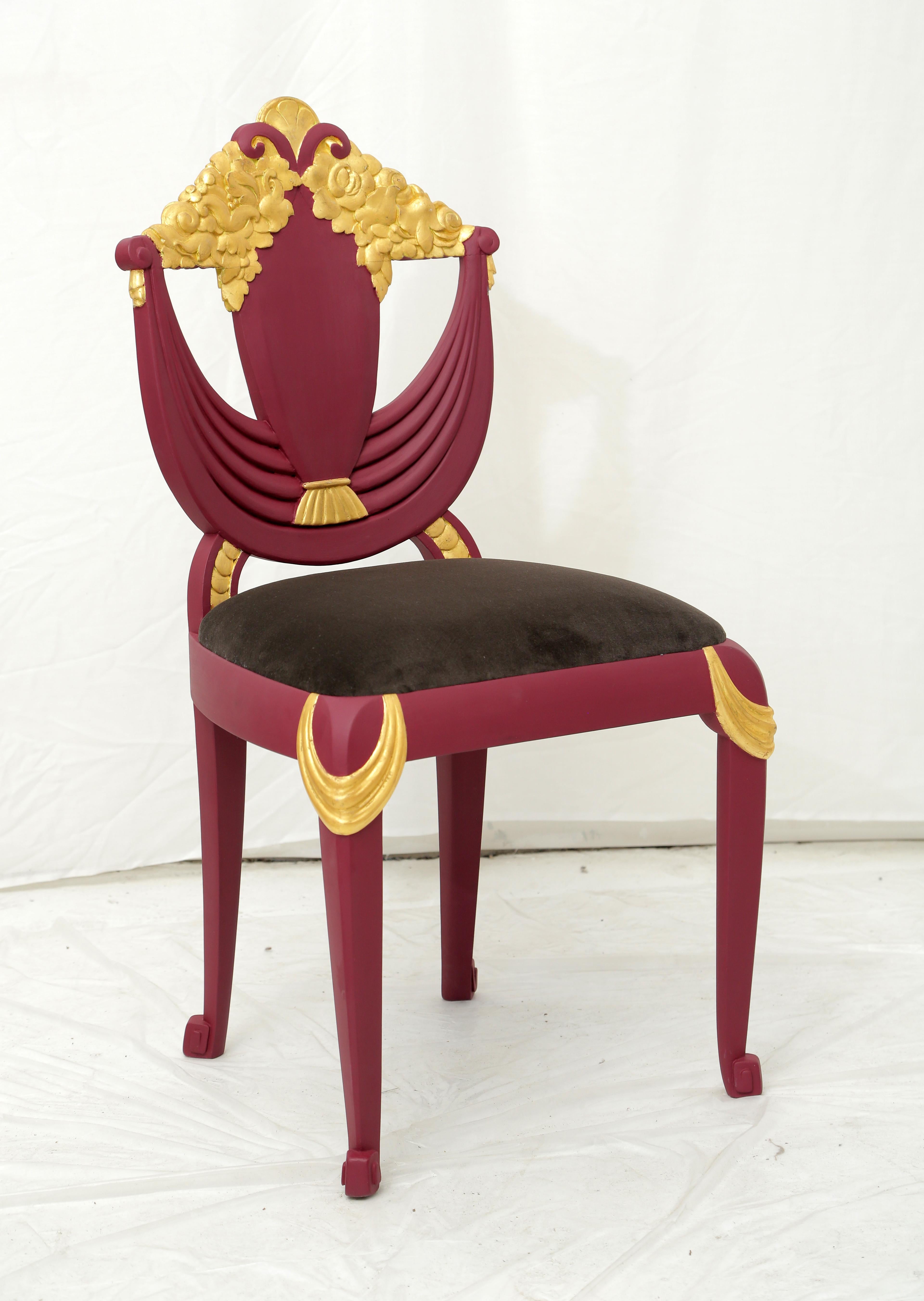 Early 20th Century Set of 4 Art Deco Transitional Burgundy and Gold Leaf Gilded Wood Dining Chairs