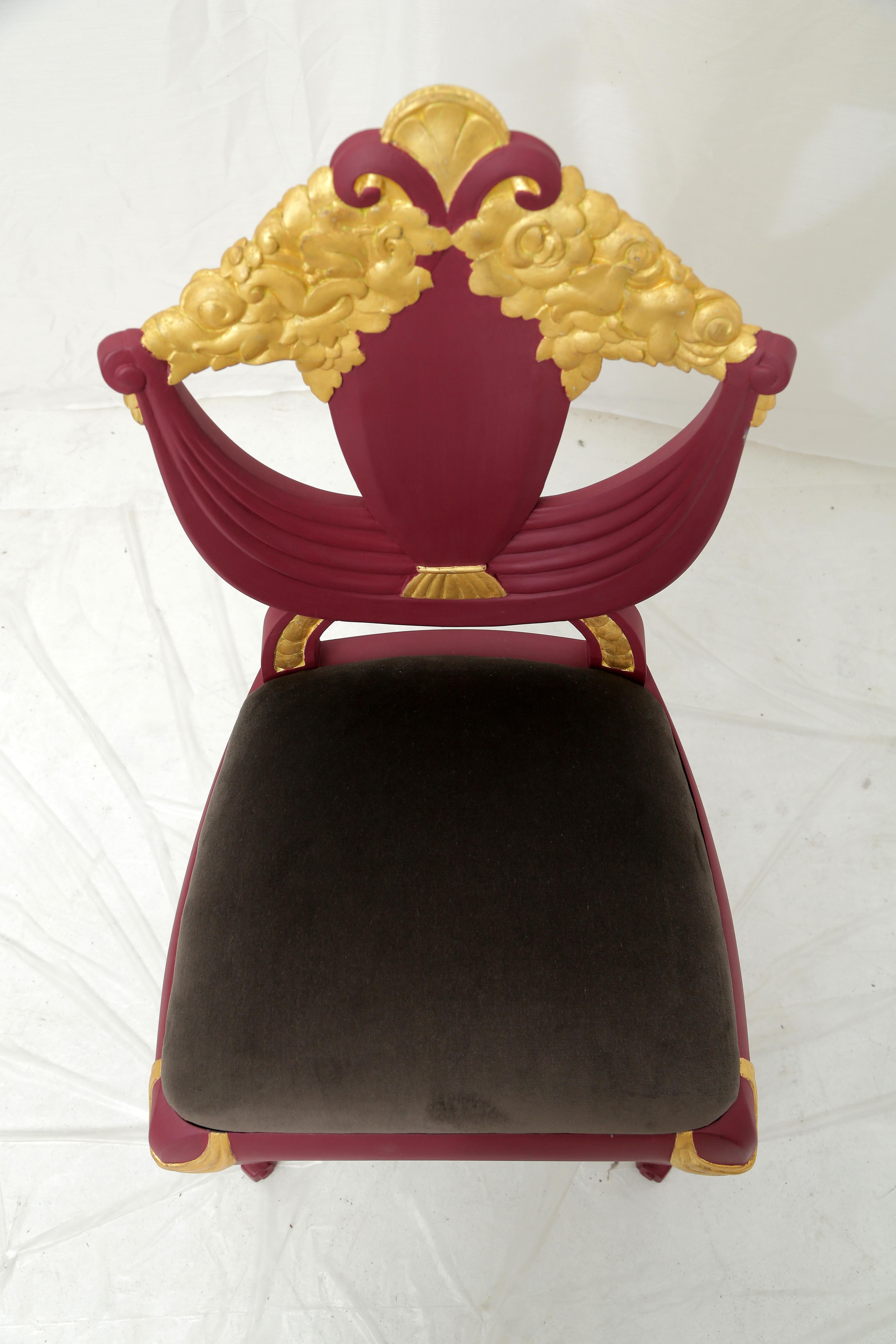 Set of 4 Art Deco Transitional Burgundy and Gold Leaf Gilded Wood Dining Chairs 1