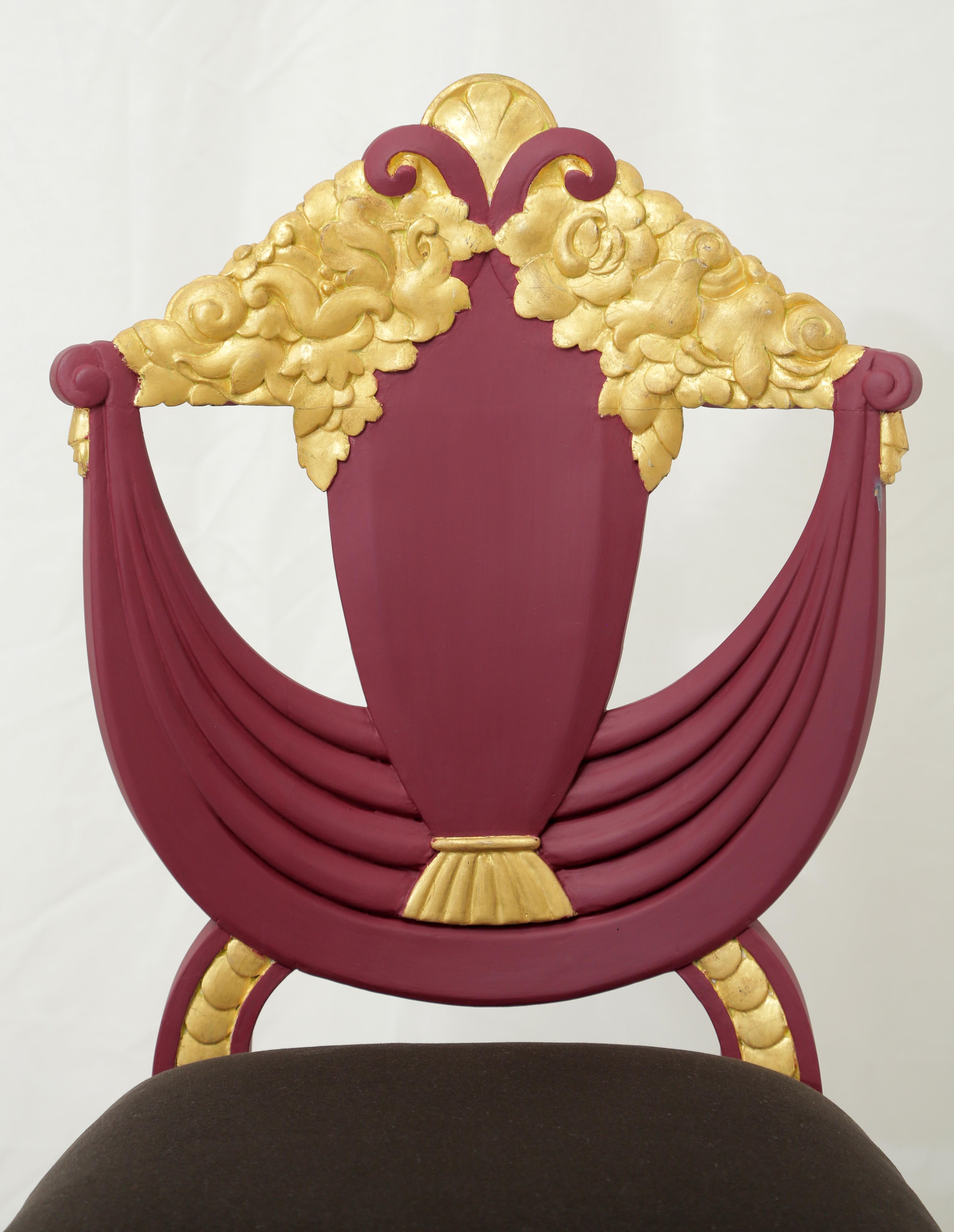 Set of 4 Art Deco Transitional Burgundy and Gold Leaf Gilded Wood Dining Chairs 2