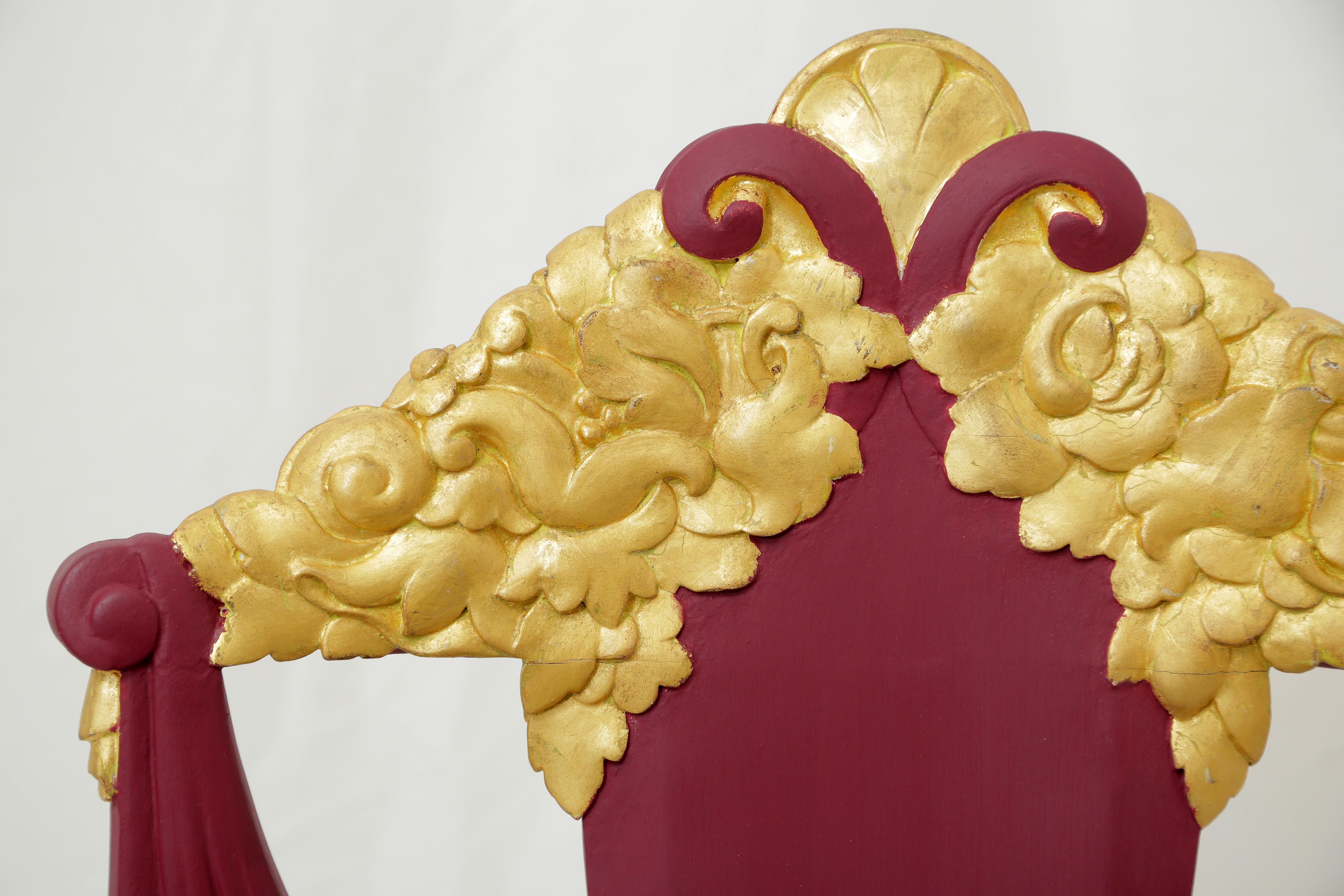 Set of 4 Art Deco Transitional Burgundy and Gold Leaf Gilded Wood Dining Chairs 3