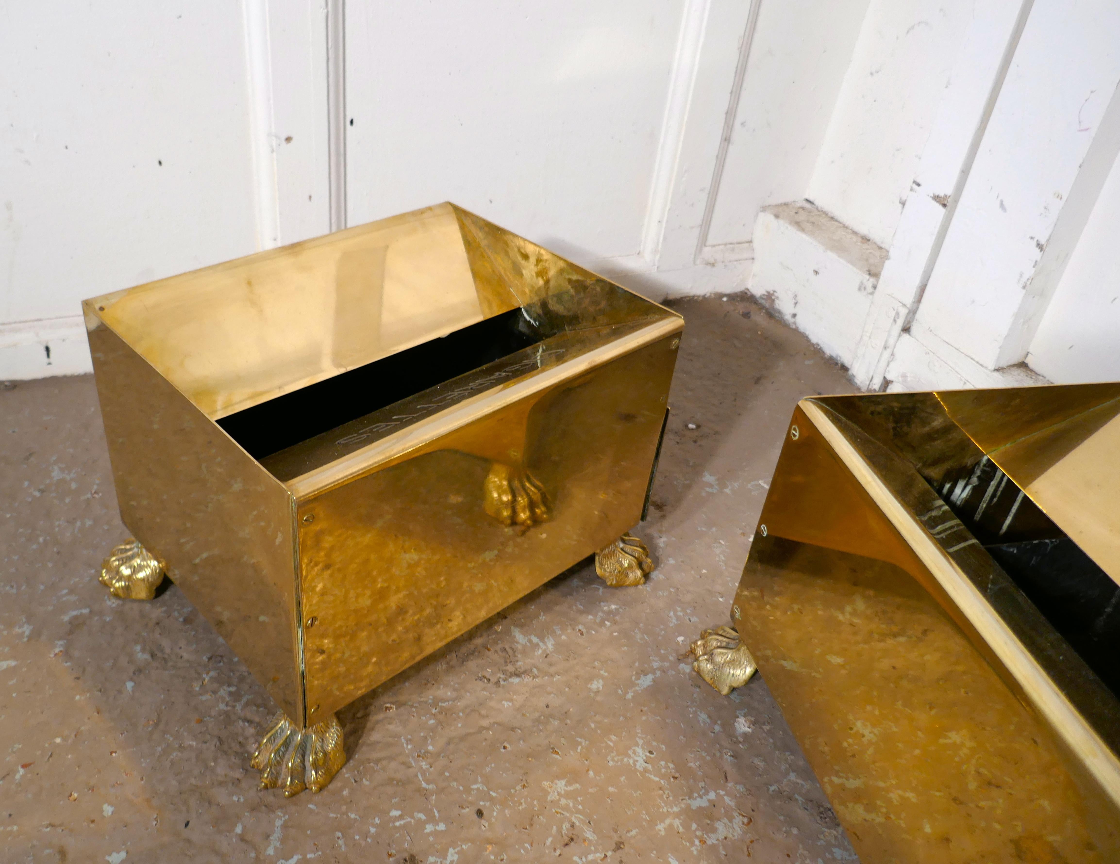 Set of 4 Art Deco vintage brass hotel floor ash trays

A rare find a set of 4 solid brass floor ashtrays, the trays have CIGARETTES embossed on one side, they each stand on lions paw feet and they have an ash pan drawer on the side for ease of